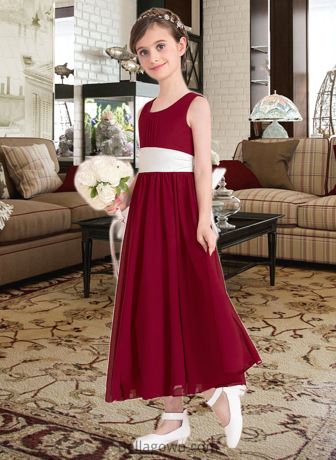 Haylee Empire A-Line Scoop Neck Ankle-Length Chiffon Junior Bridesmaid Dress With Sash Bow(s) DNP0013542