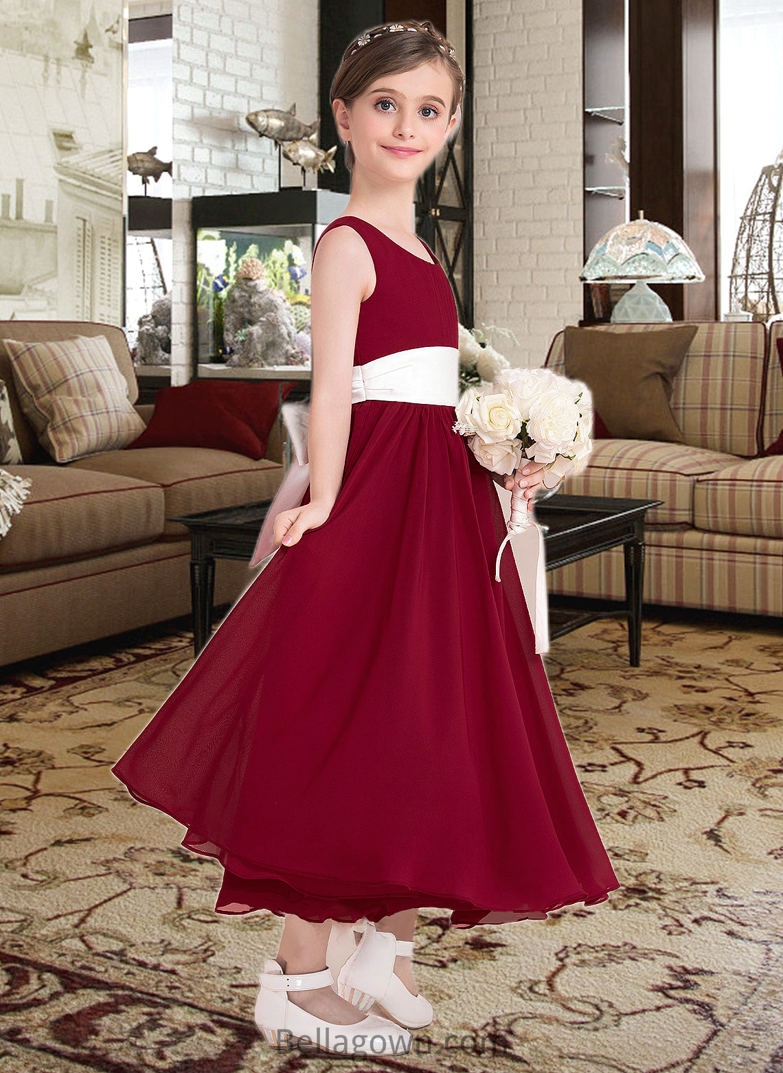 Haylee Empire A-Line Scoop Neck Ankle-Length Chiffon Junior Bridesmaid Dress With Sash Bow(s) DNP0013542