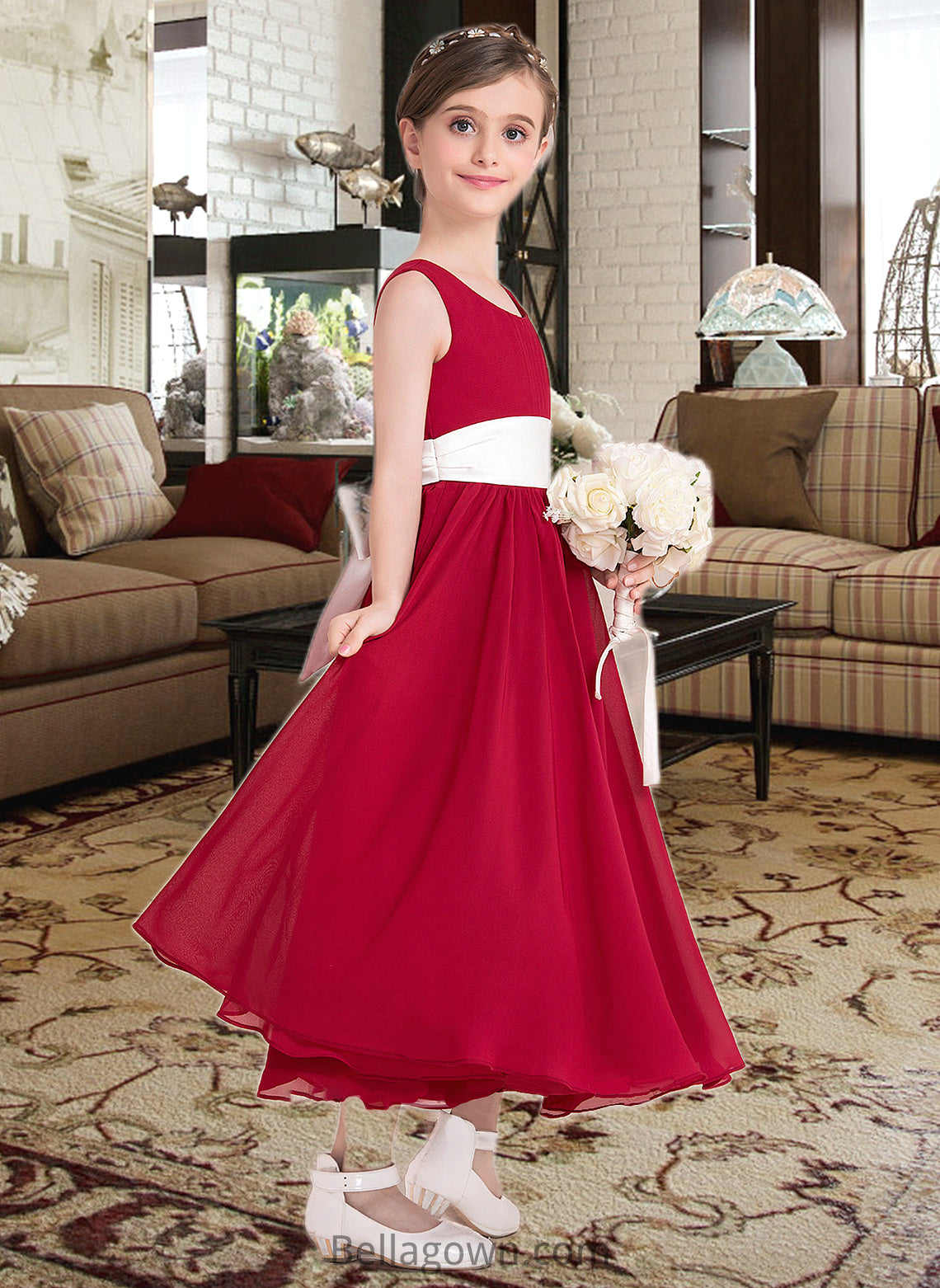 Haylee Empire A-Line Scoop Neck Ankle-Length Chiffon Junior Bridesmaid Dress With Sash Bow(s) DNP0013542