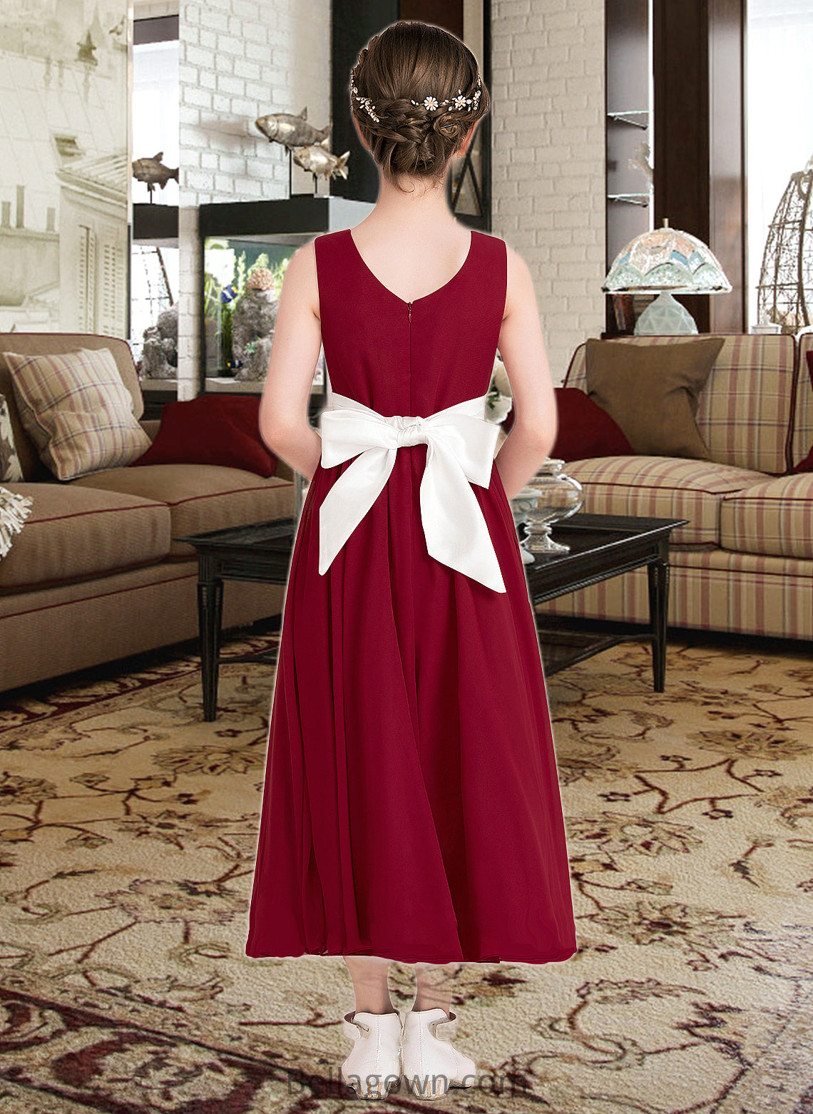 Haylee Empire A-Line Scoop Neck Ankle-Length Chiffon Junior Bridesmaid Dress With Sash Bow(s) DNP0013542