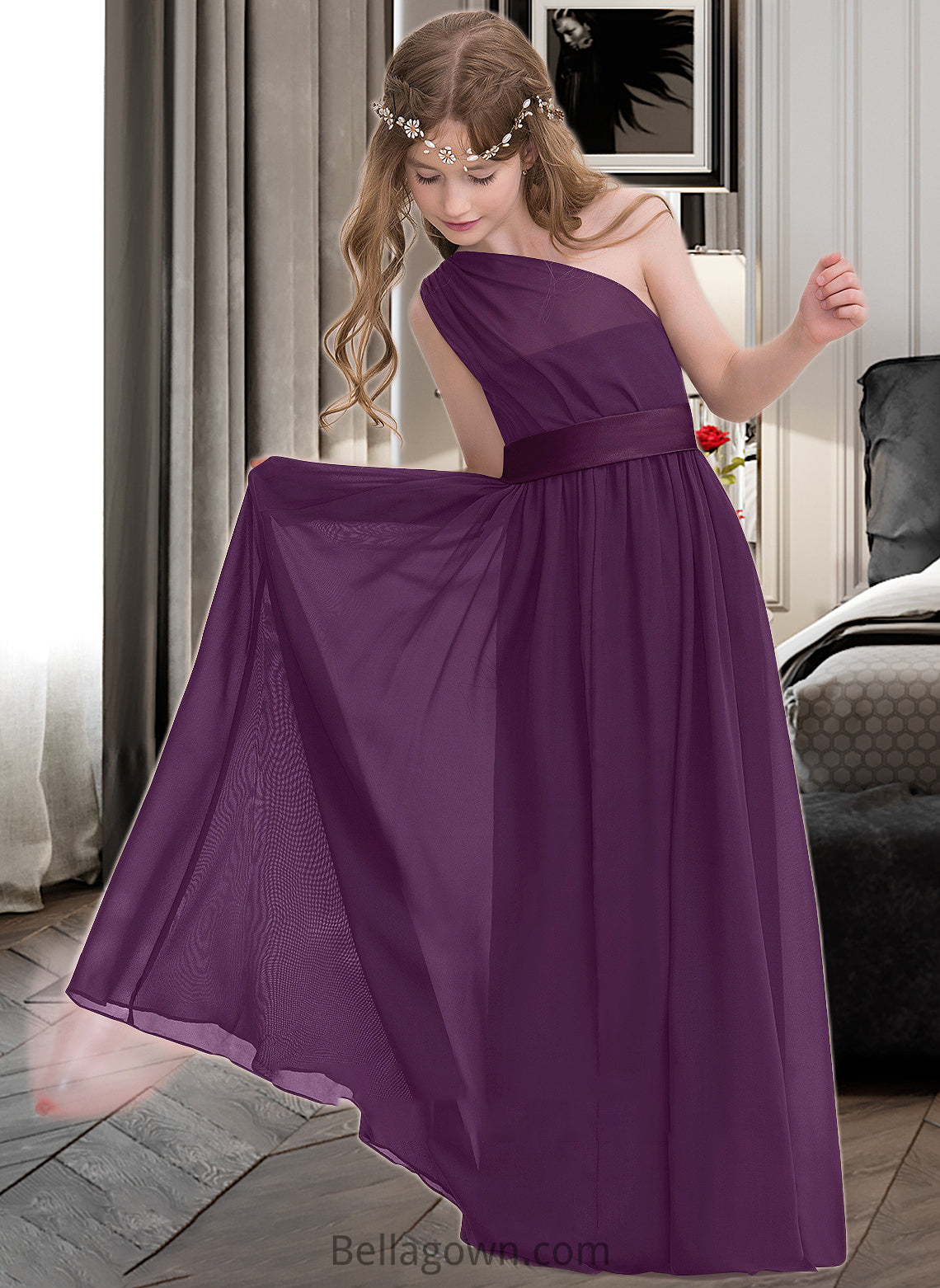 Addisyn A-Line One-Shoulder Floor-Length Chiffon Junior Bridesmaid Dress With Ruffle DNP0013544