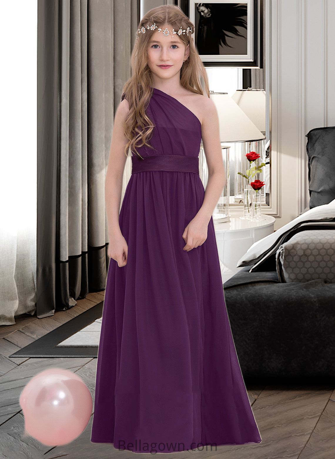 Addisyn A-Line One-Shoulder Floor-Length Chiffon Junior Bridesmaid Dress With Ruffle DNP0013544