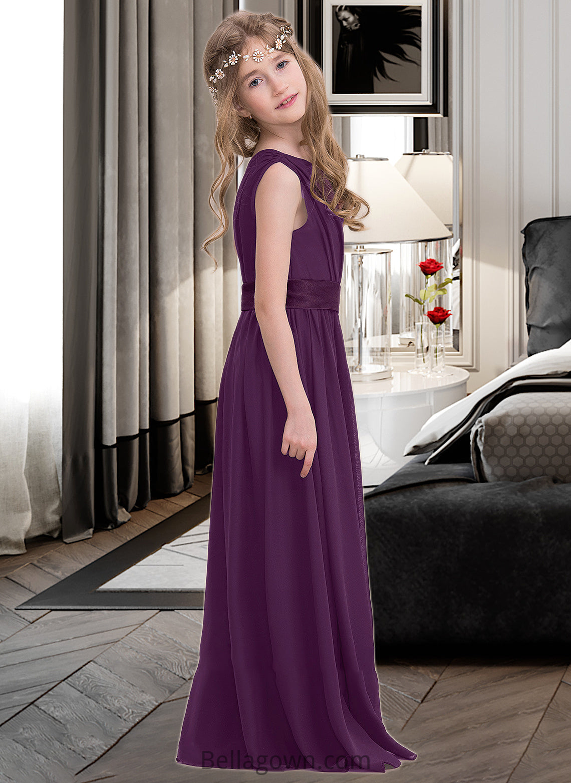 Addisyn A-Line One-Shoulder Floor-Length Chiffon Junior Bridesmaid Dress With Ruffle DNP0013544