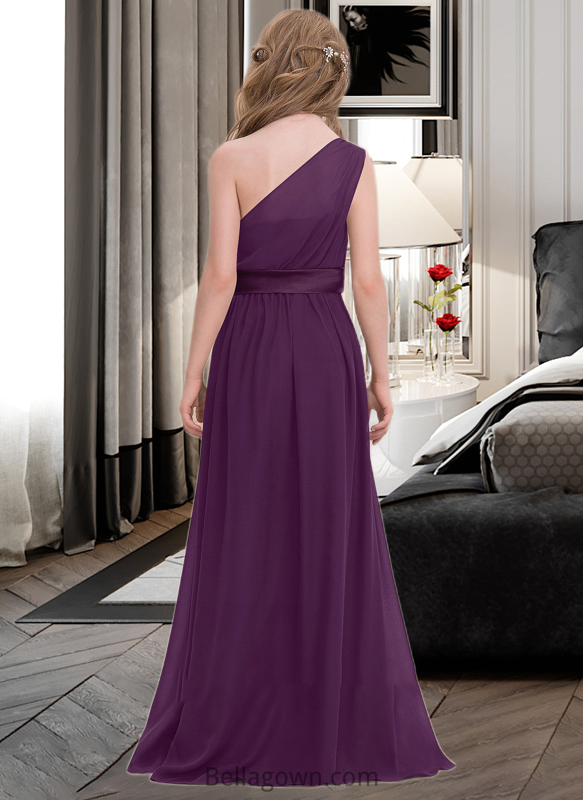 Addisyn A-Line One-Shoulder Floor-Length Chiffon Junior Bridesmaid Dress With Ruffle DNP0013544