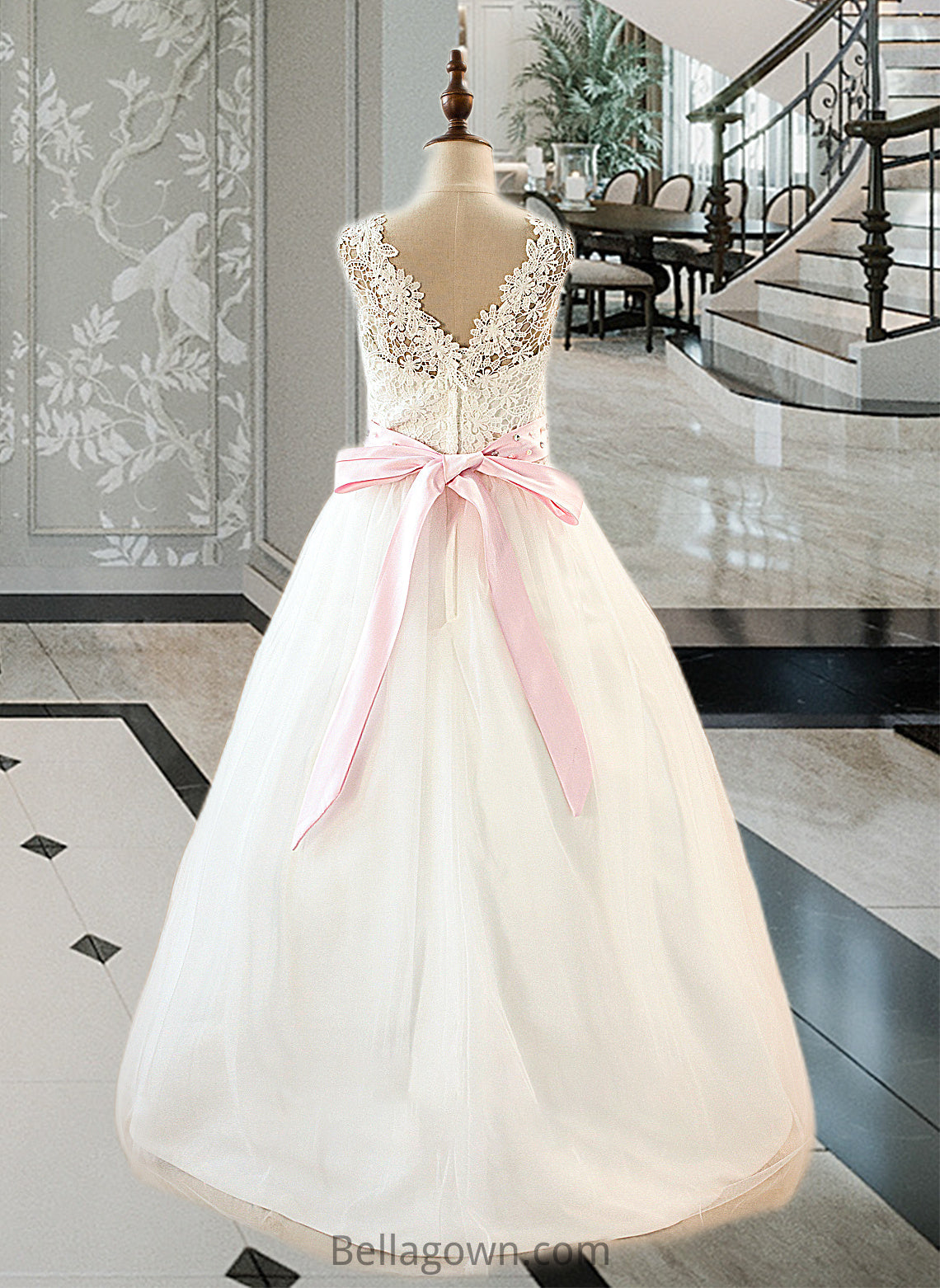 Nayeli Ball-Gown/Princess Scoop Neck Floor-Length Tulle Junior Bridesmaid Dress With Sash Beading Bow(s) DNP0013545