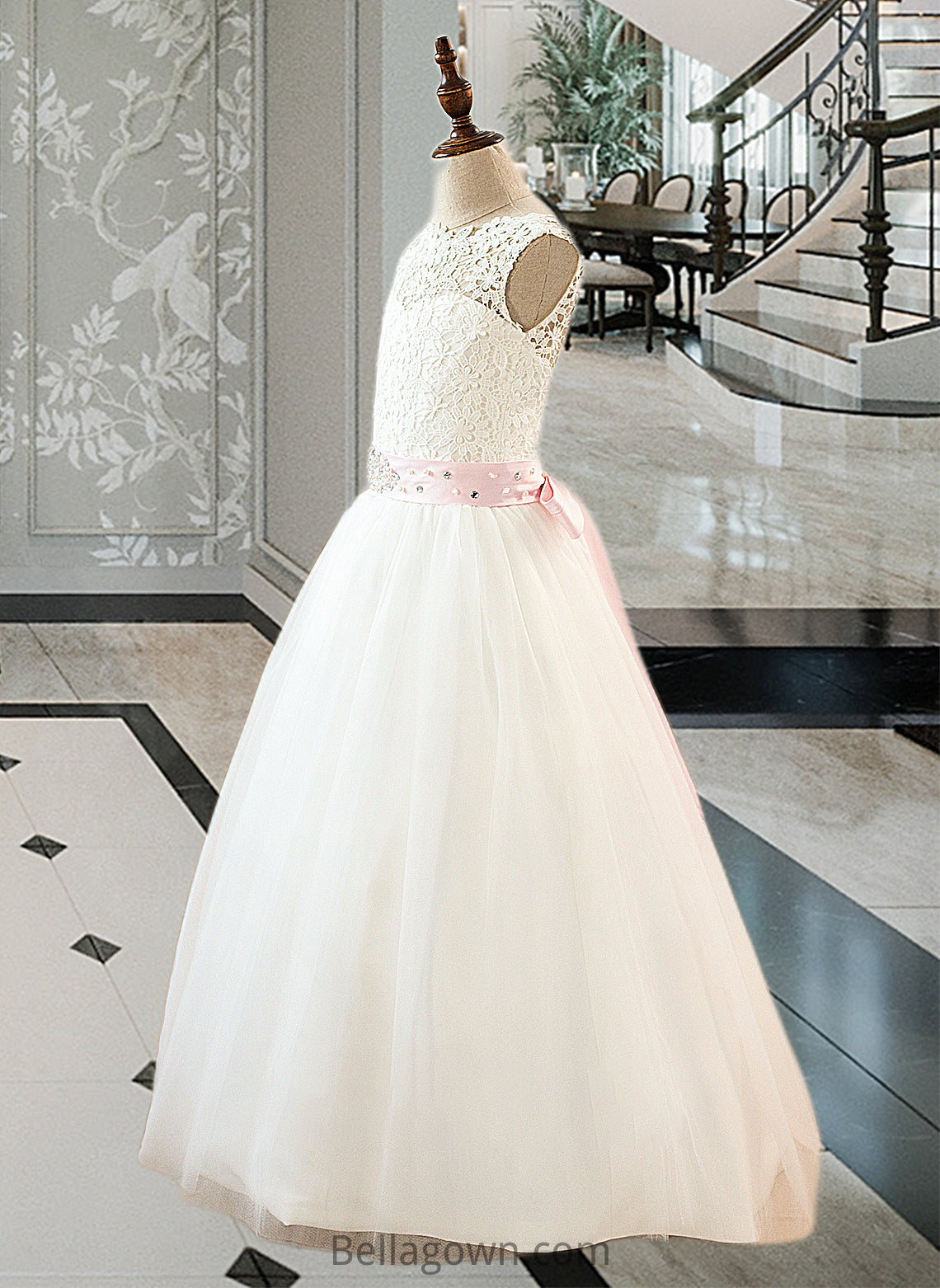 Nayeli Ball-Gown/Princess Scoop Neck Floor-Length Tulle Junior Bridesmaid Dress With Sash Beading Bow(s) DNP0013545