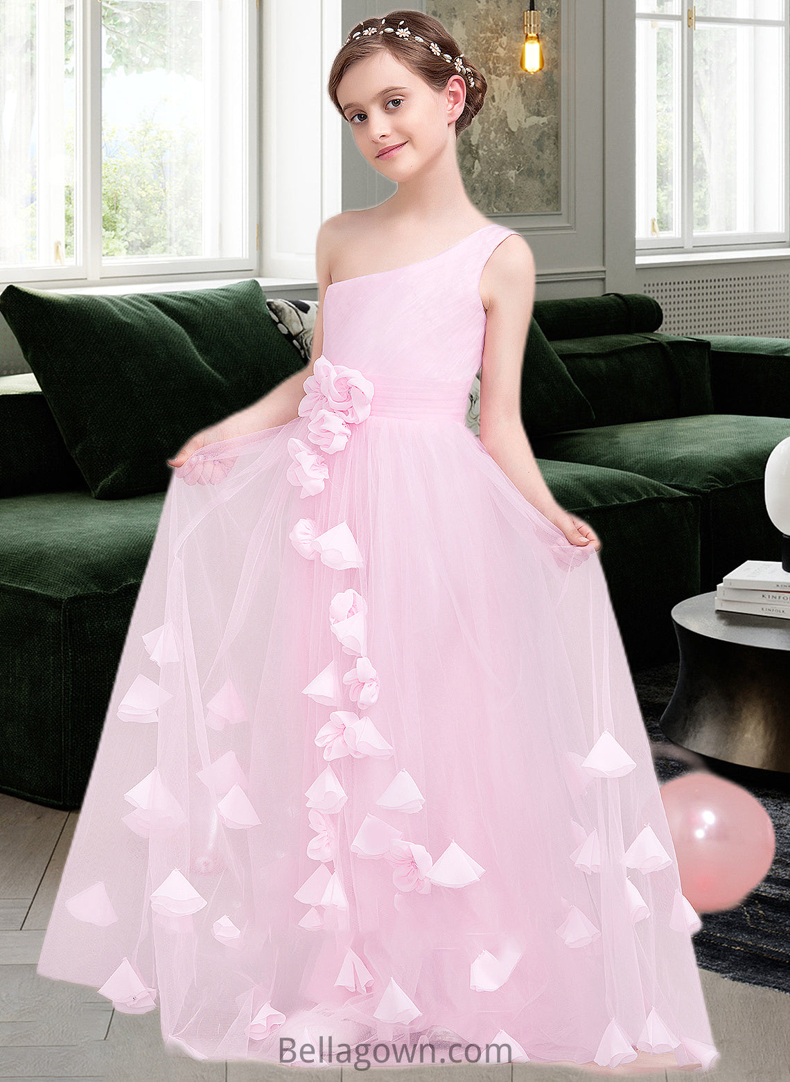 Vicky A-Line One-Shoulder Floor-Length Tulle Junior Bridesmaid Dress With Ruffle Flower(s) DNP0013546