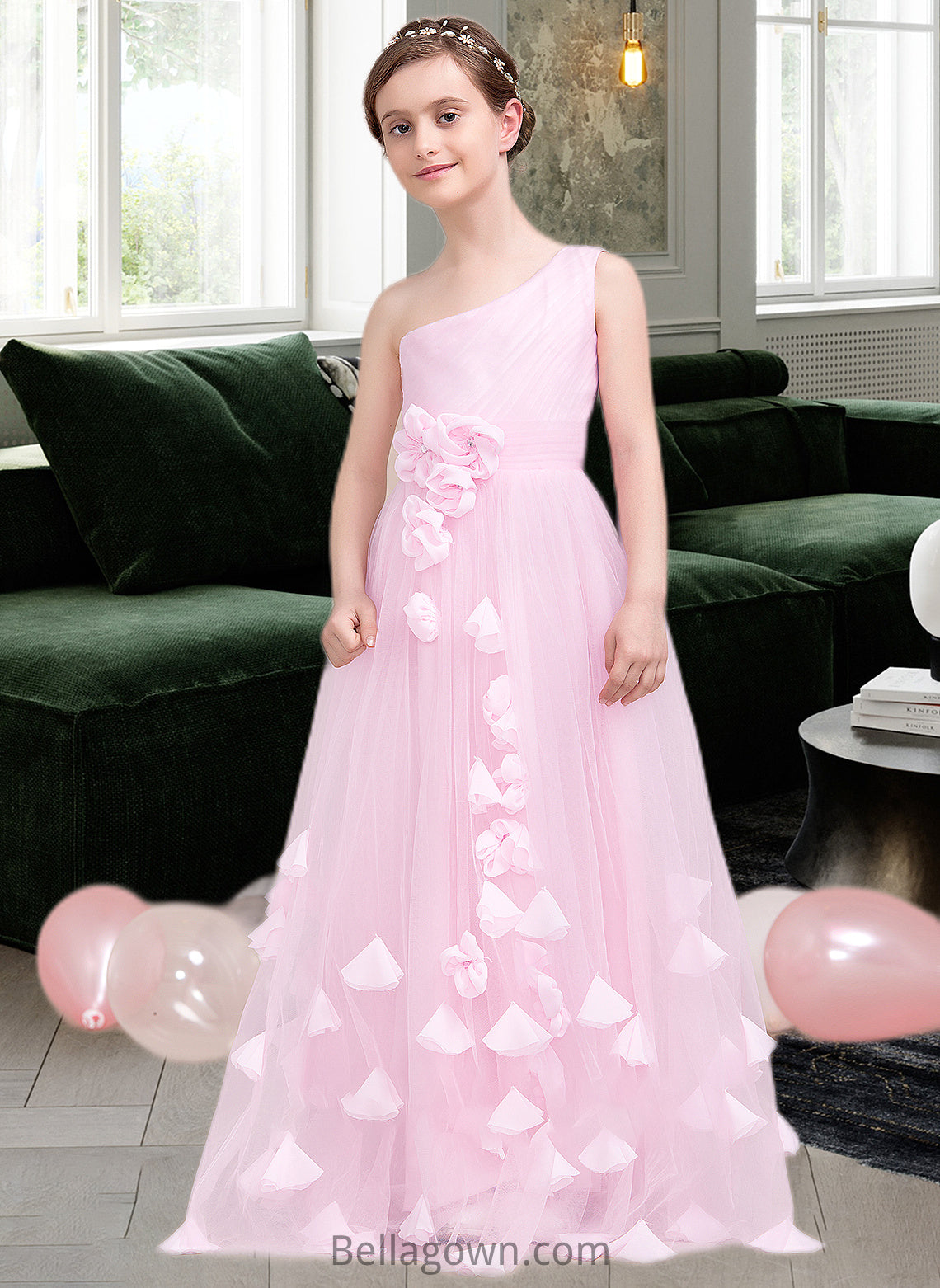 Vicky A-Line One-Shoulder Floor-Length Tulle Junior Bridesmaid Dress With Ruffle Flower(s) DNP0013546