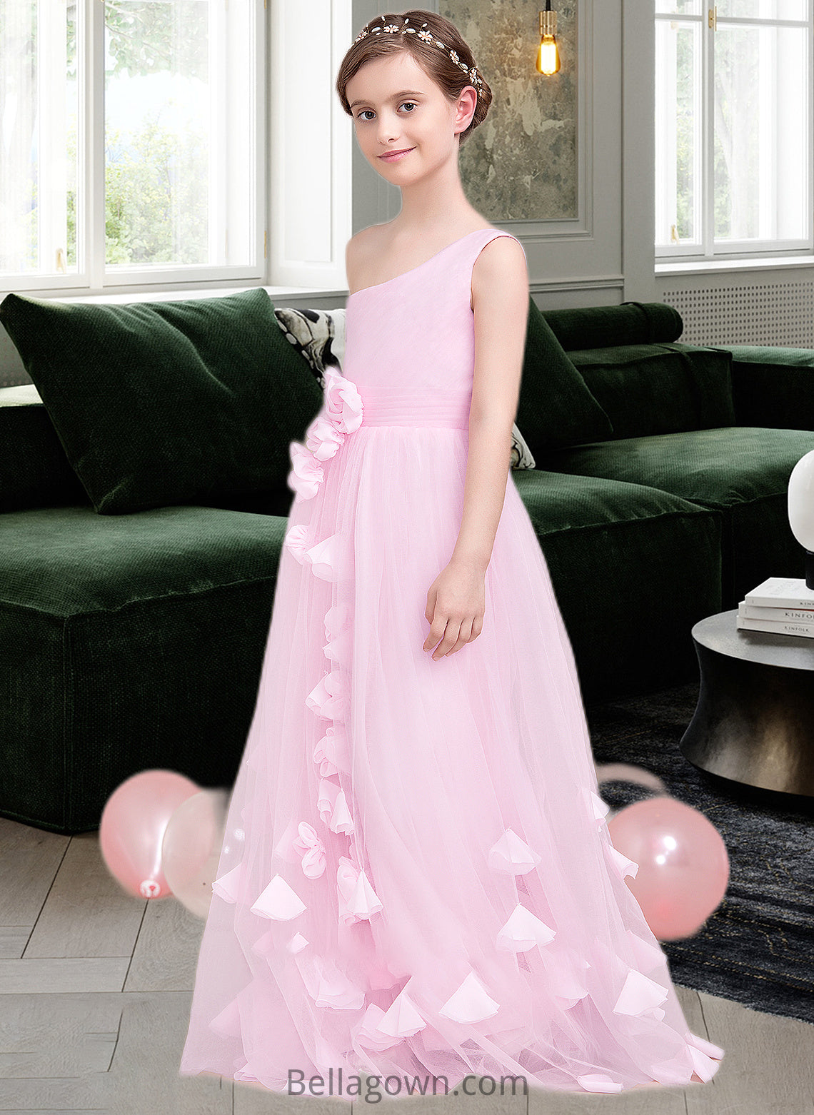 Vicky A-Line One-Shoulder Floor-Length Tulle Junior Bridesmaid Dress With Ruffle Flower(s) DNP0013546