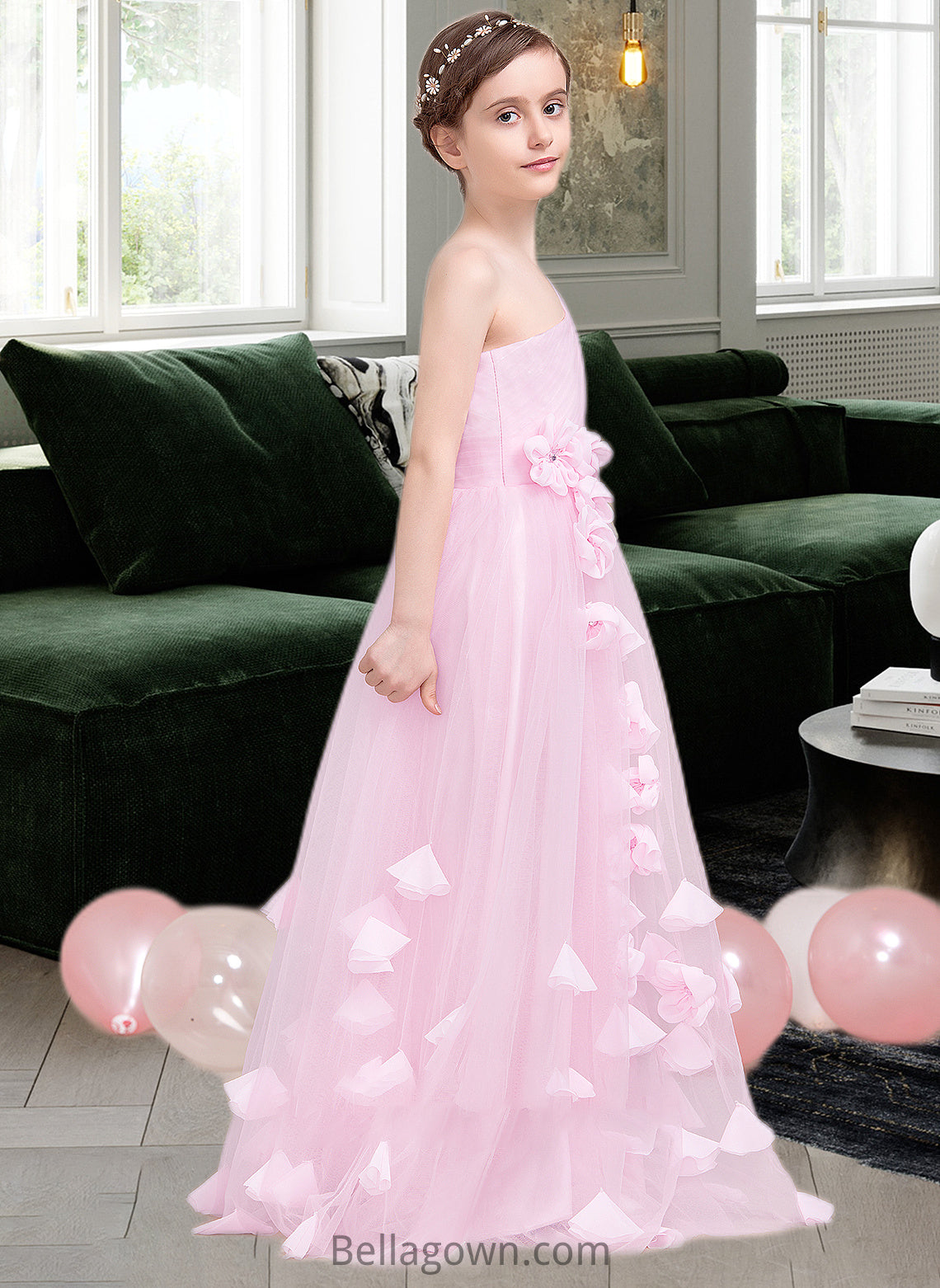 Vicky A-Line One-Shoulder Floor-Length Tulle Junior Bridesmaid Dress With Ruffle Flower(s) DNP0013546