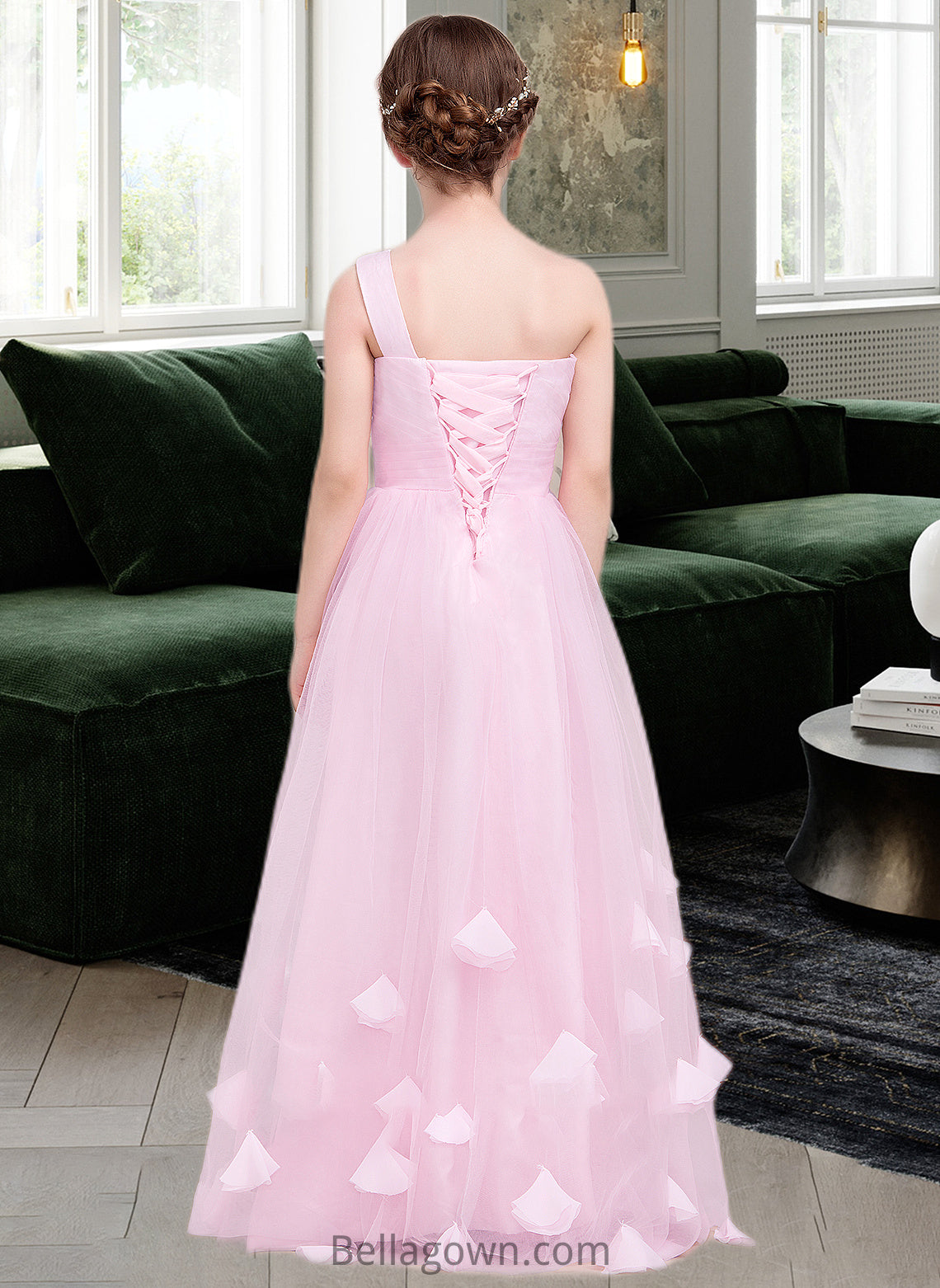 Vicky A-Line One-Shoulder Floor-Length Tulle Junior Bridesmaid Dress With Ruffle Flower(s) DNP0013546