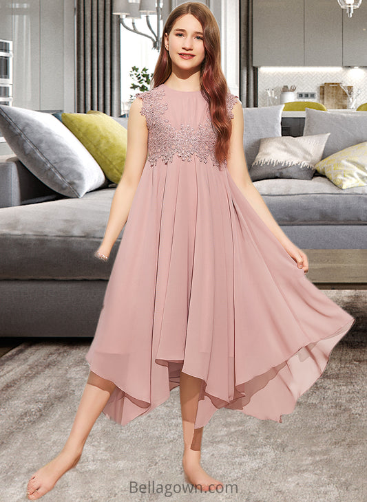 Micaela A-Line Scoop Neck Tea-Length Chiffon Lace Junior Bridesmaid Dress DNP0013547