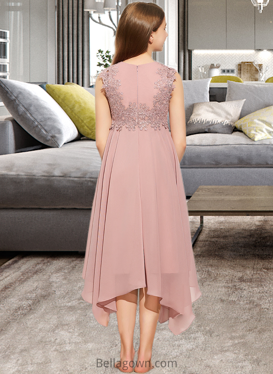 Micaela A-Line Scoop Neck Tea-Length Chiffon Lace Junior Bridesmaid Dress DNP0013547