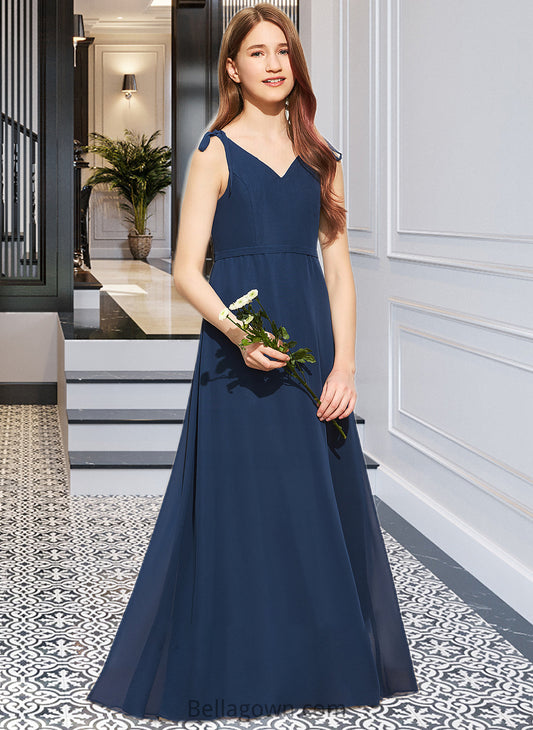 Alannah A-Line V-neck Floor-Length Chiffon Junior Bridesmaid Dress With Bow(s) DNP0013548