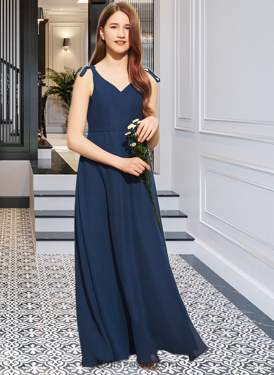 Alannah A-Line V-neck Floor-Length Chiffon Junior Bridesmaid Dress With Bow(s) DNP0013548