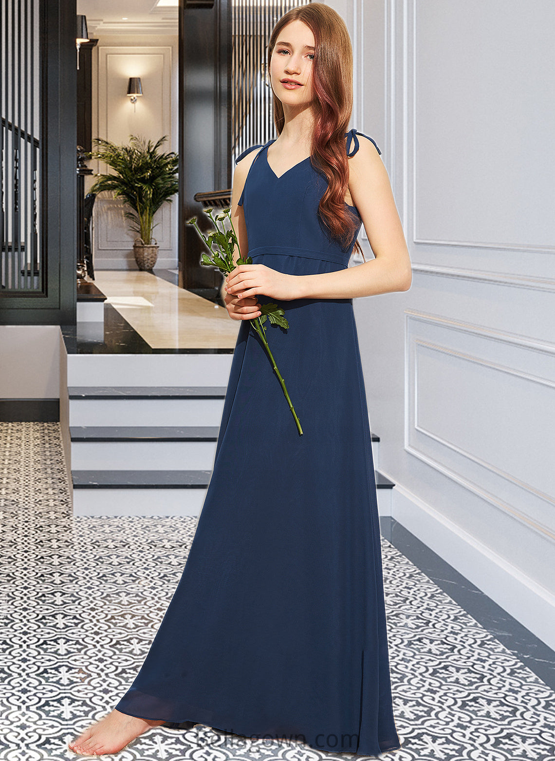 Alannah A-Line V-neck Floor-Length Chiffon Junior Bridesmaid Dress With Bow(s) DNP0013548