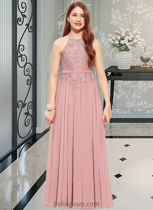 Talia A-Line Scoop Neck Floor-Length Chiffon Lace Junior Bridesmaid Dress DNP0013549