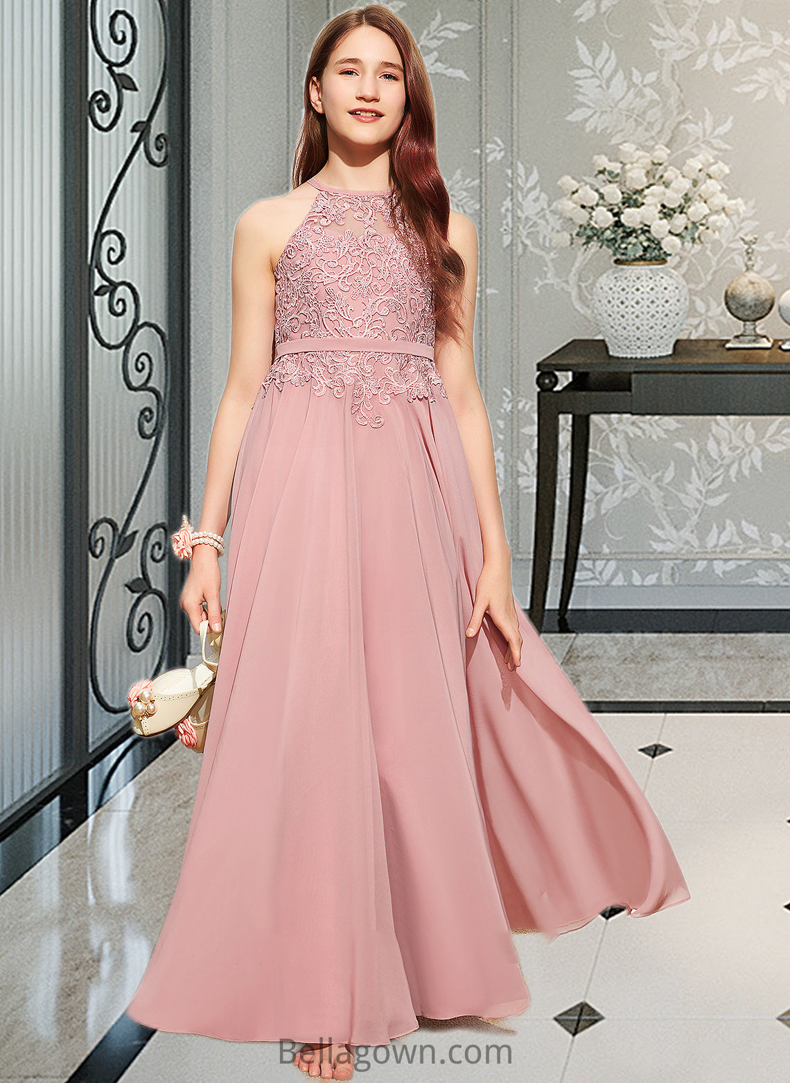 Talia A-Line Scoop Neck Floor-Length Chiffon Lace Junior Bridesmaid Dress DNP0013549