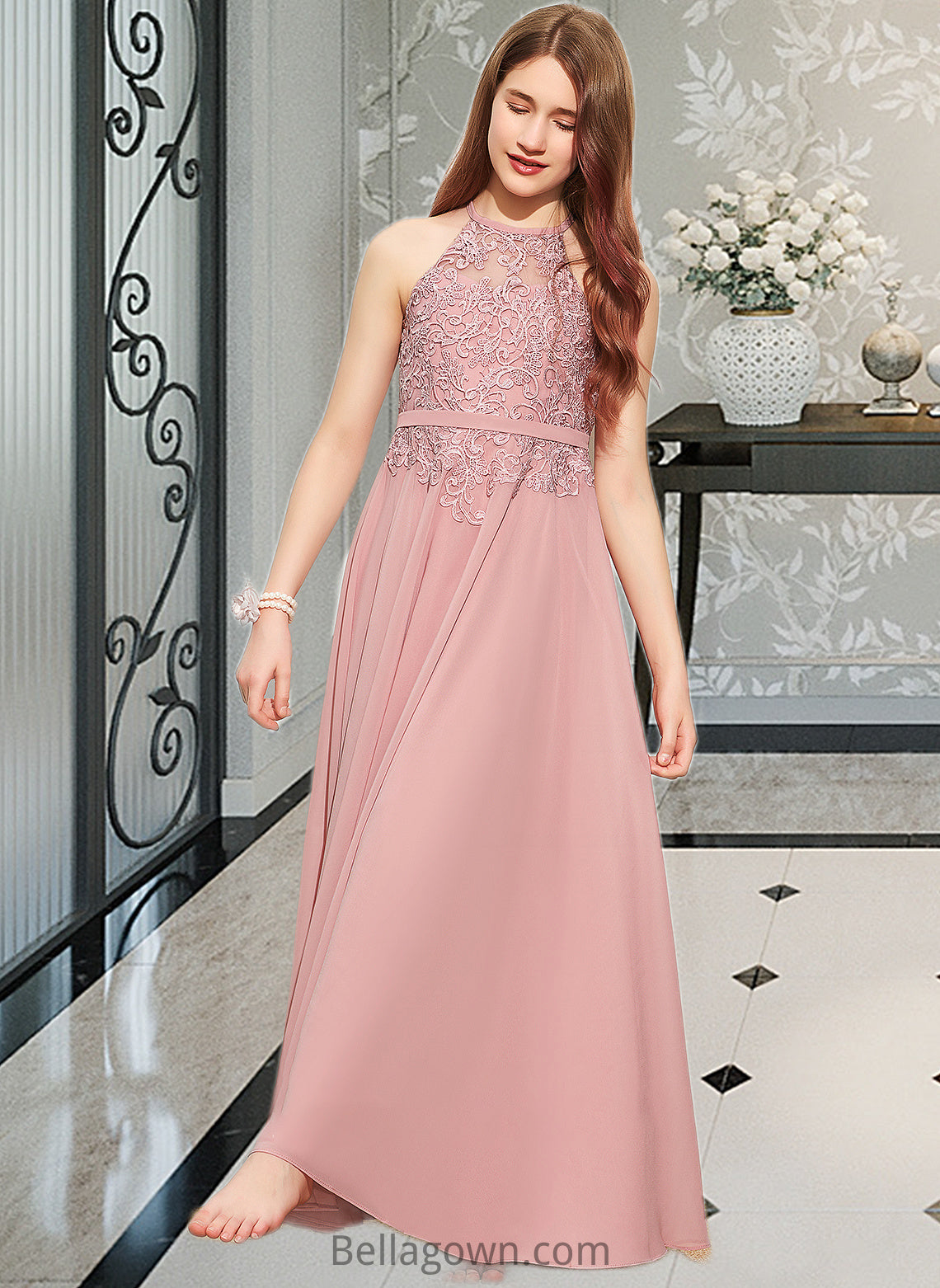 Talia A-Line Scoop Neck Floor-Length Chiffon Lace Junior Bridesmaid Dress DNP0013549