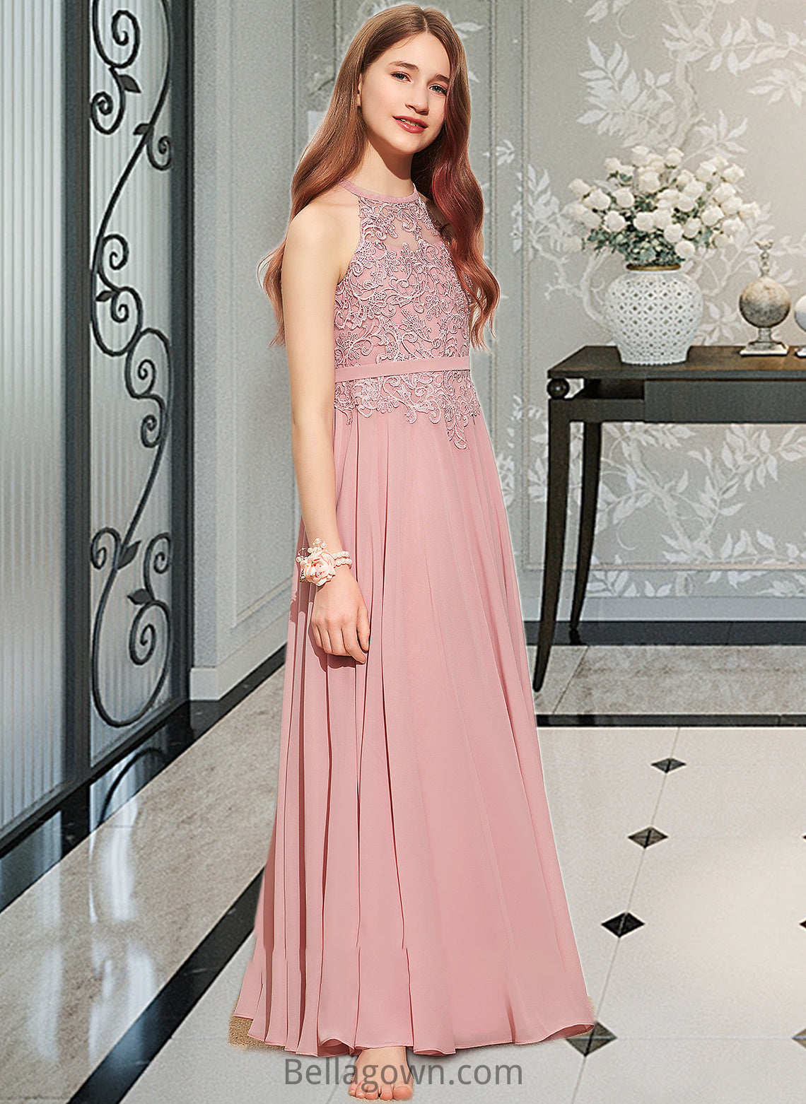 Talia A-Line Scoop Neck Floor-Length Chiffon Lace Junior Bridesmaid Dress DNP0013549