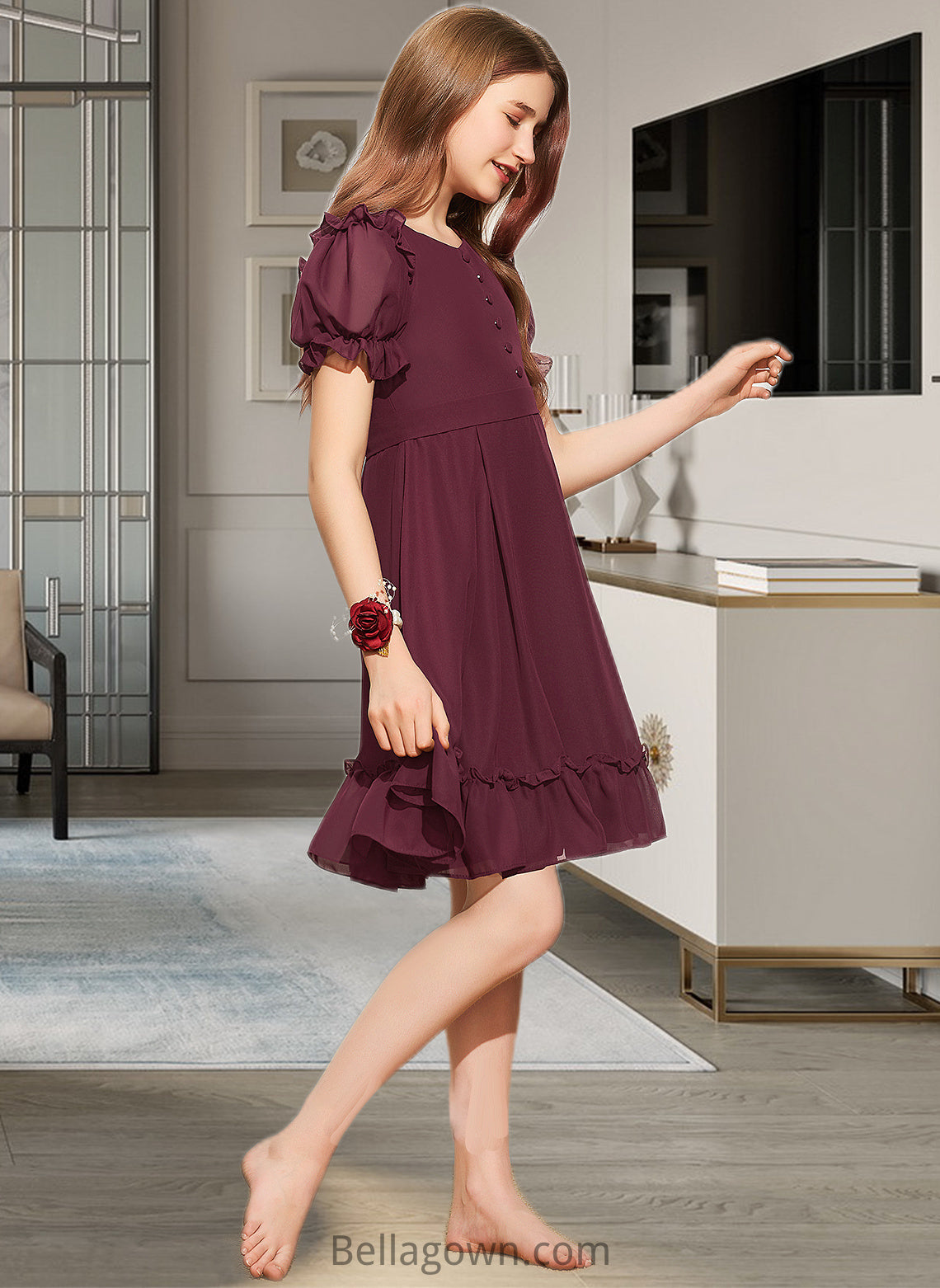 Jaycee A-Line Scoop Neck Knee-Length Chiffon Junior Bridesmaid Dress With Bow(s) Cascading Ruffles DNP0013550