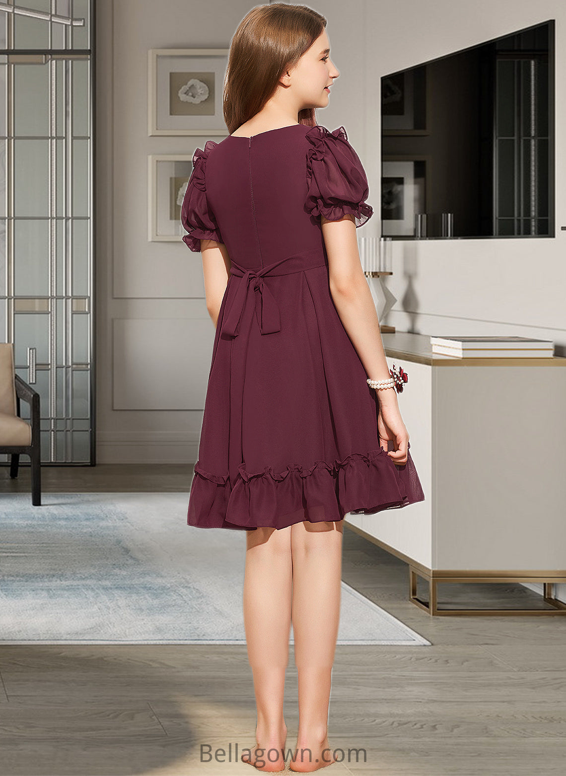 Jaycee A-Line Scoop Neck Knee-Length Chiffon Junior Bridesmaid Dress With Bow(s) Cascading Ruffles DNP0013550