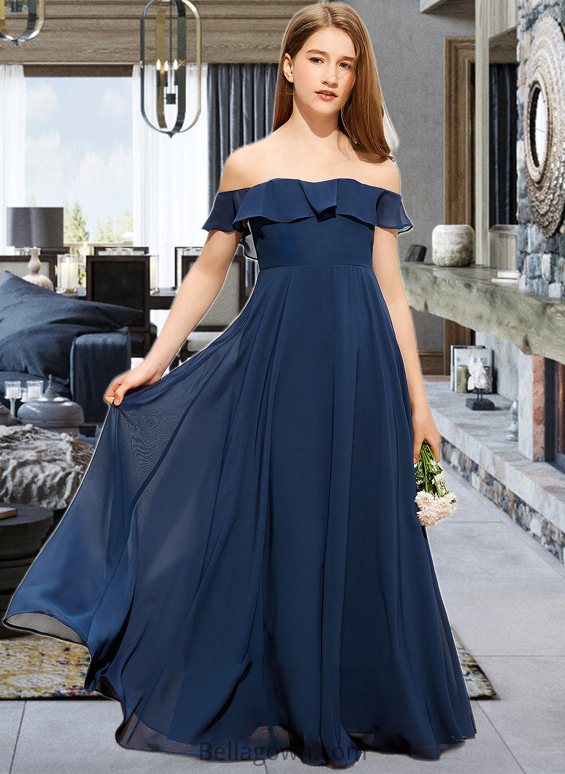 Ryleigh A-Line Off-the-Shoulder Floor-Length Chiffon Junior Bridesmaid Dress DNP0013551