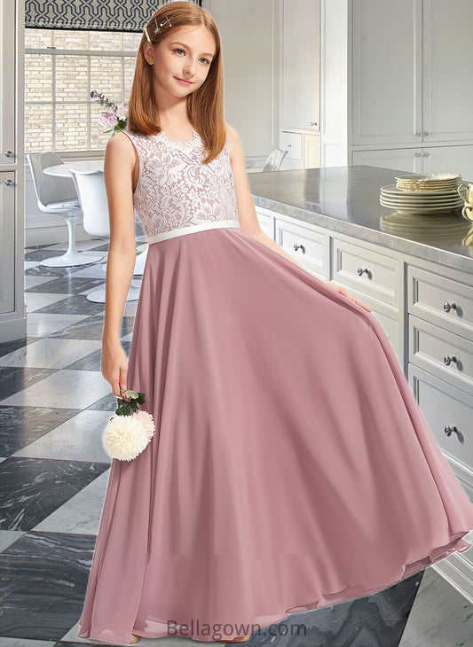 Elise A-Line V-neck Floor-Length Chiffon Lace Junior Bridesmaid Dress DNP0013552