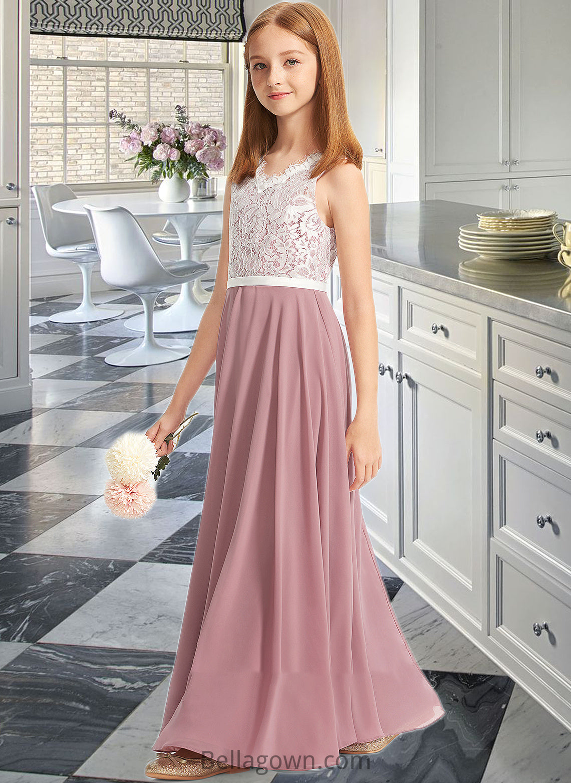 Elise A-Line V-neck Floor-Length Chiffon Lace Junior Bridesmaid Dress DNP0013552