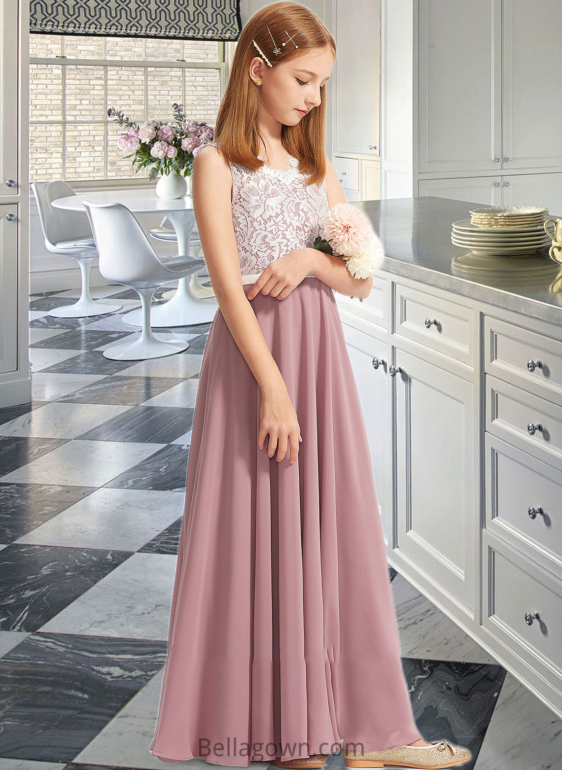 Elise A-Line V-neck Floor-Length Chiffon Lace Junior Bridesmaid Dress DNP0013552