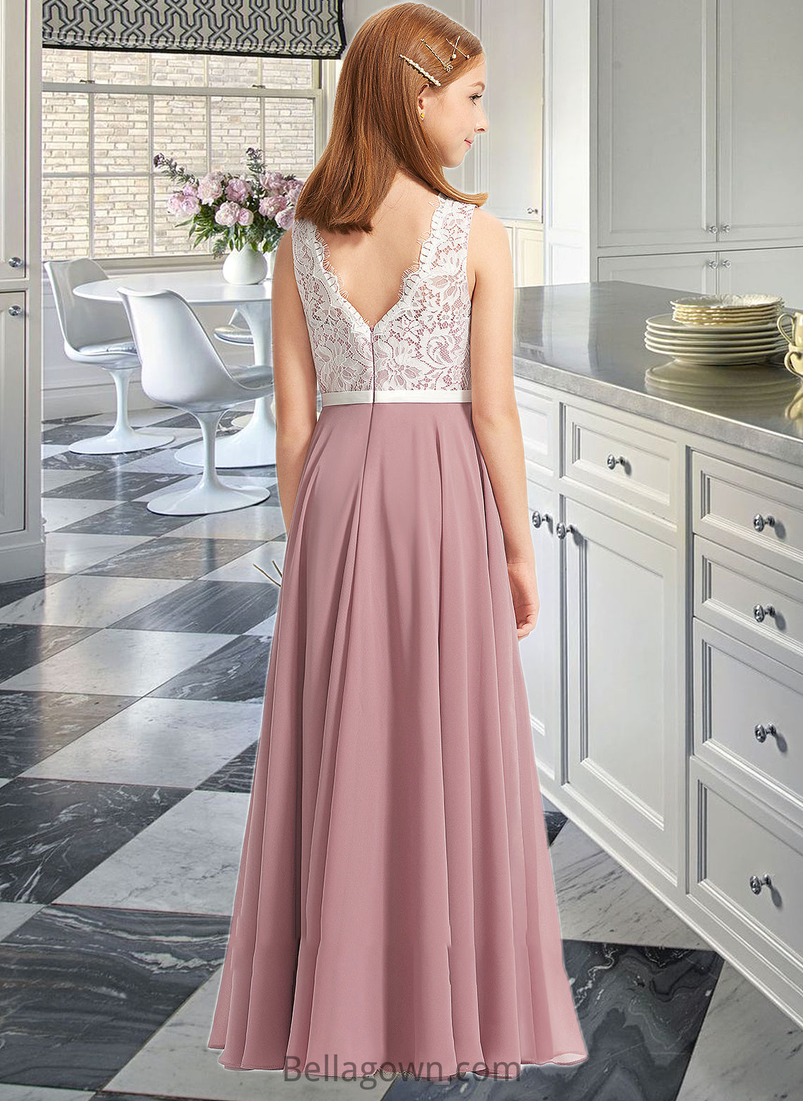 Elise A-Line V-neck Floor-Length Chiffon Lace Junior Bridesmaid Dress DNP0013552