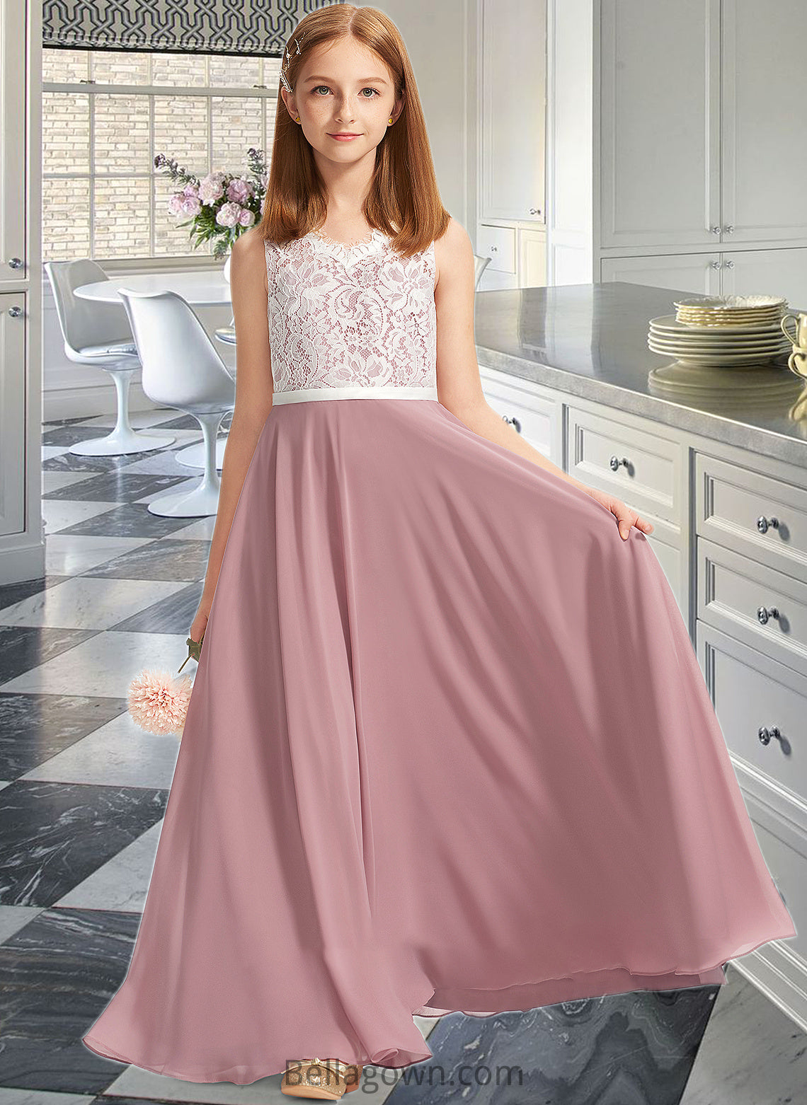 Elise A-Line V-neck Floor-Length Chiffon Lace Junior Bridesmaid Dress DNP0013552