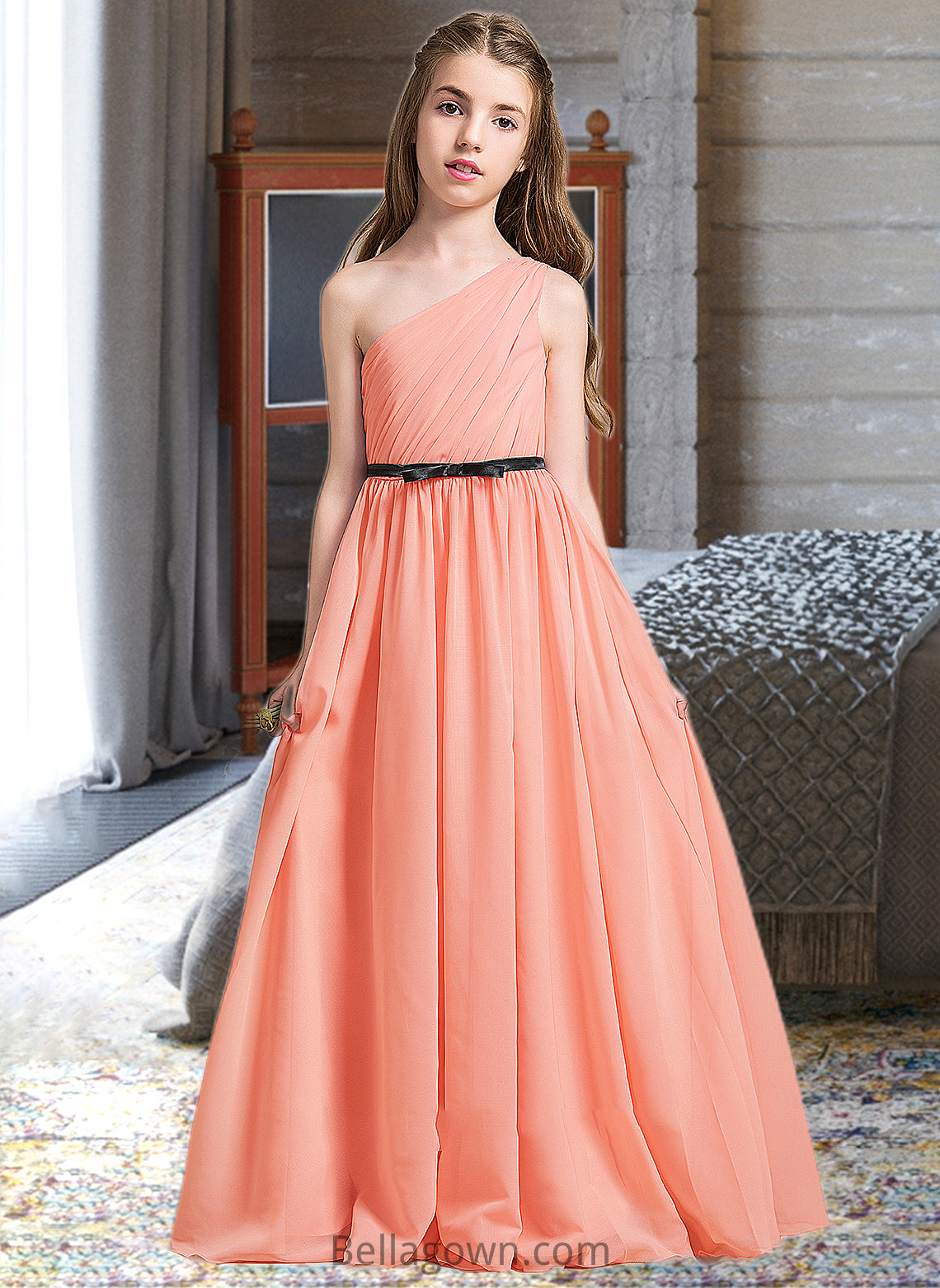 Mareli A-Line One-Shoulder Floor-Length Chiffon Junior Bridesmaid Dress With Ruffle Bow(s) DNP0013570