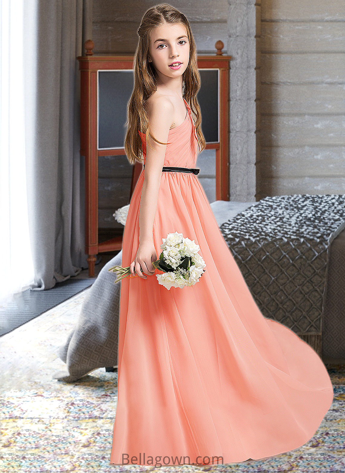 Mareli A-Line One-Shoulder Floor-Length Chiffon Junior Bridesmaid Dress With Ruffle Bow(s) DNP0013570