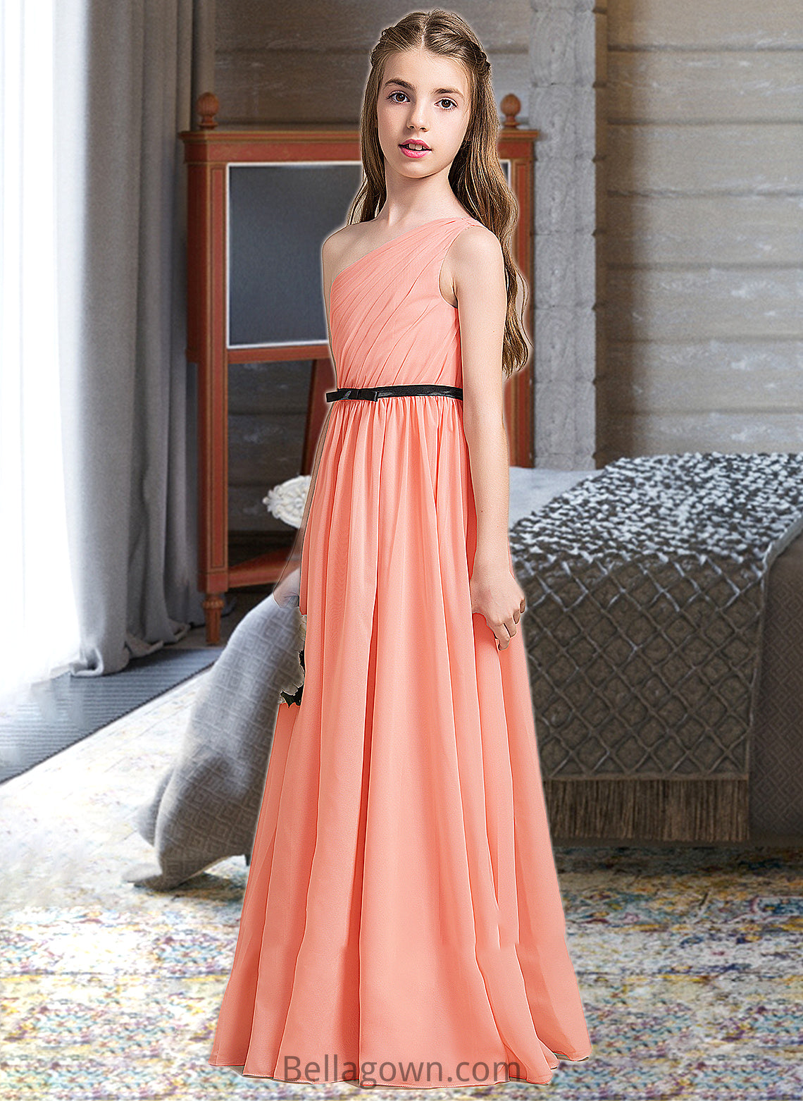 Mareli A-Line One-Shoulder Floor-Length Chiffon Junior Bridesmaid Dress With Ruffle Bow(s) DNP0013570