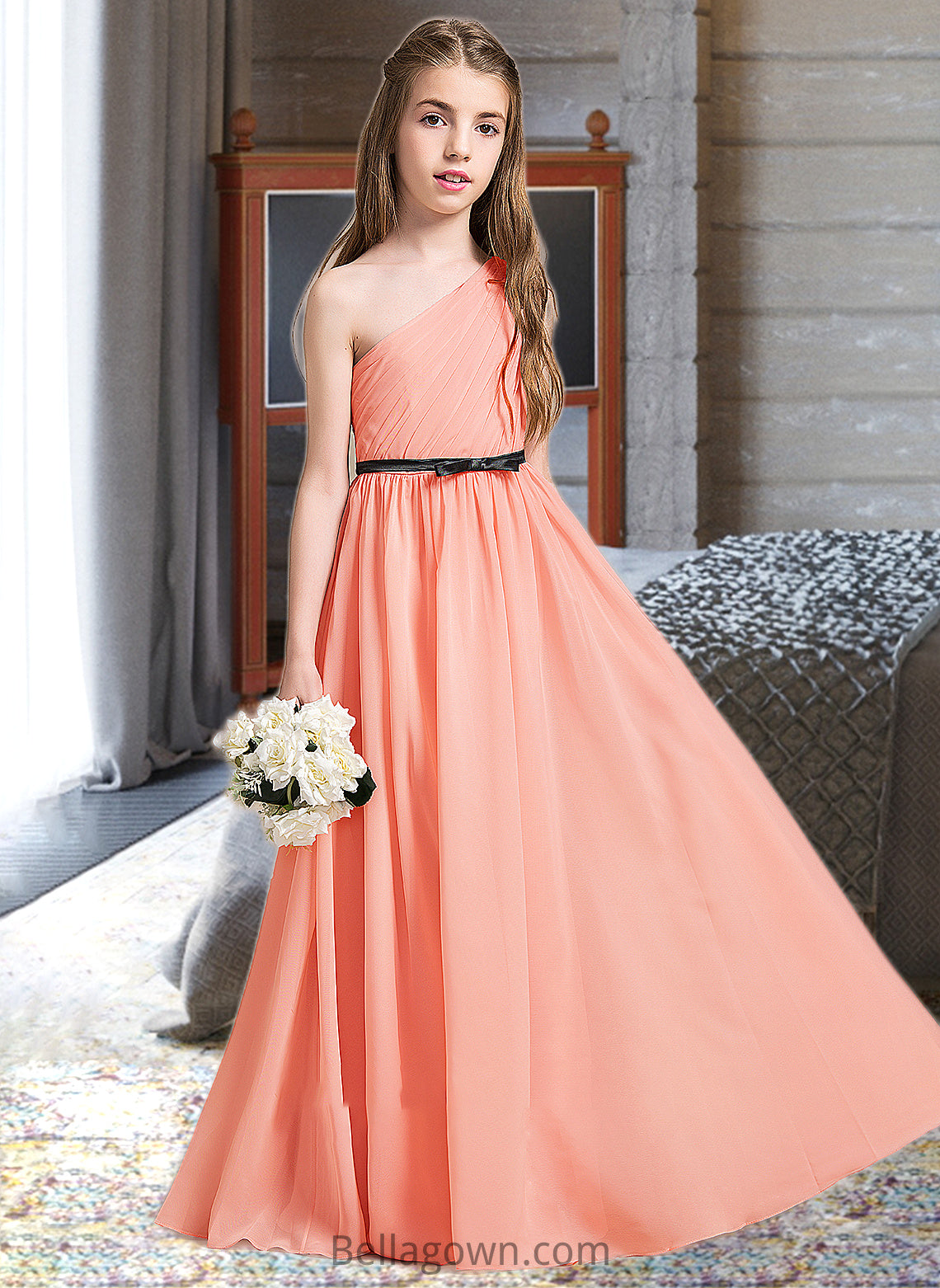 Mareli A-Line One-Shoulder Floor-Length Chiffon Junior Bridesmaid Dress With Ruffle Bow(s) DNP0013570