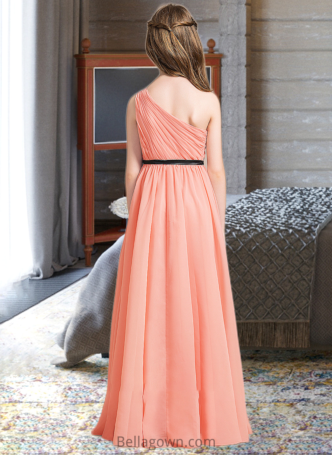 Mareli A-Line One-Shoulder Floor-Length Chiffon Junior Bridesmaid Dress With Ruffle Bow(s) DNP0013570