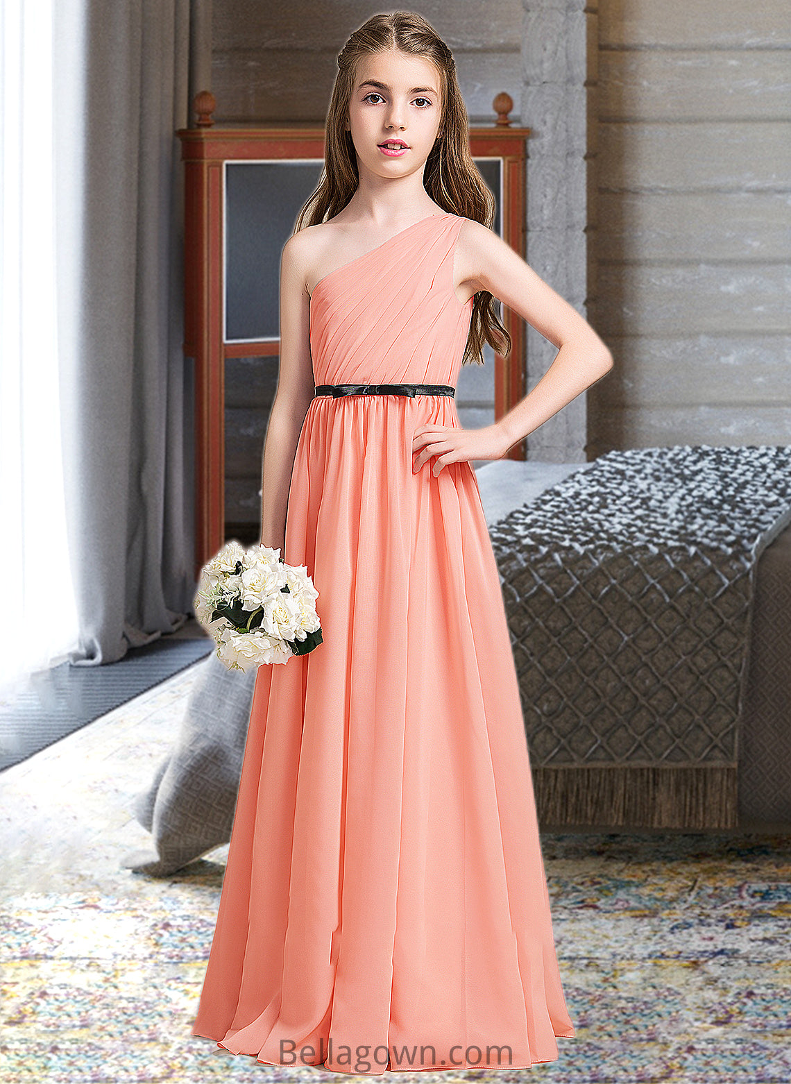 Mareli A-Line One-Shoulder Floor-Length Chiffon Junior Bridesmaid Dress With Ruffle Bow(s) DNP0013570