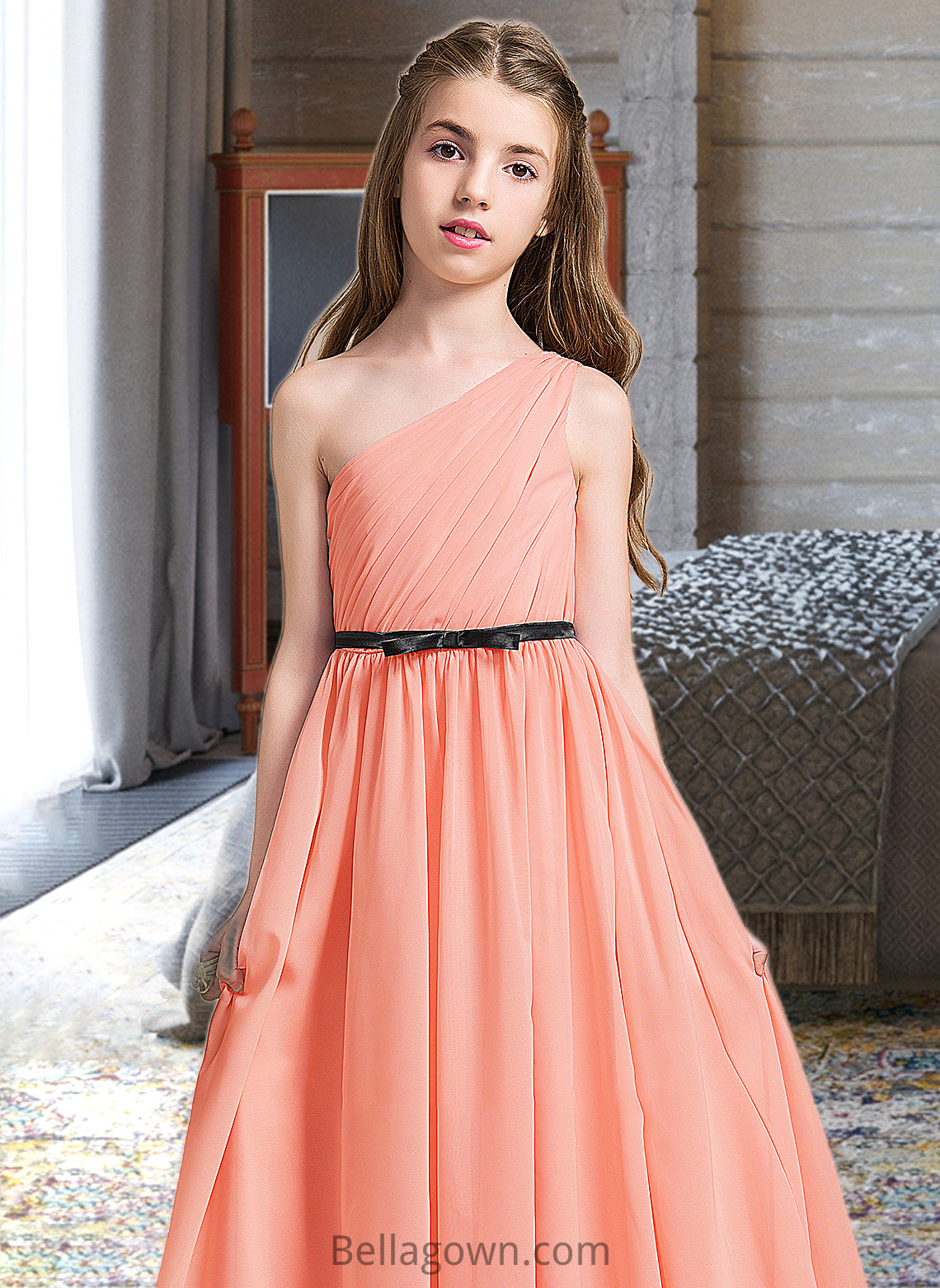 Mareli A-Line One-Shoulder Floor-Length Chiffon Junior Bridesmaid Dress With Ruffle Bow(s) DNP0013570