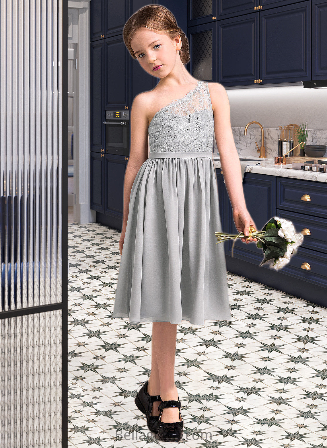 Dayana A-Line One-Shoulder Knee-Length Chiffon Lace Junior Bridesmaid Dress DNP0013571