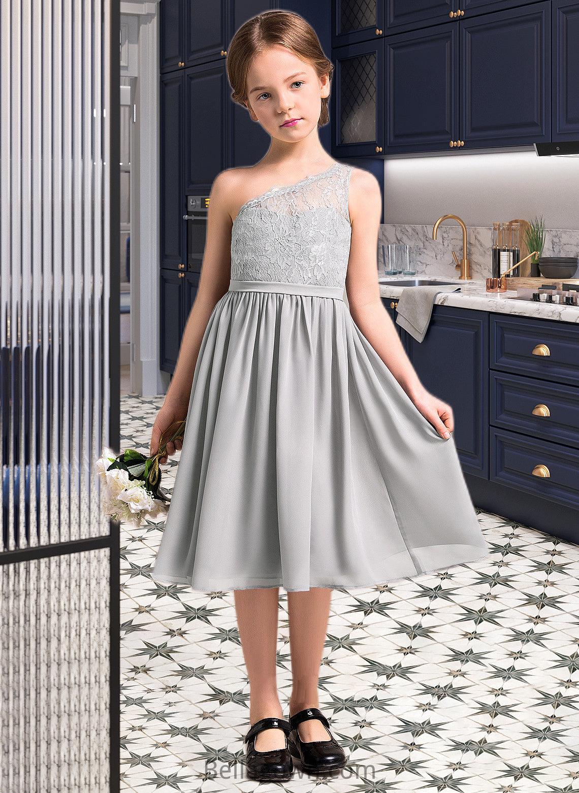 Dayana A-Line One-Shoulder Knee-Length Chiffon Lace Junior Bridesmaid Dress DNP0013571