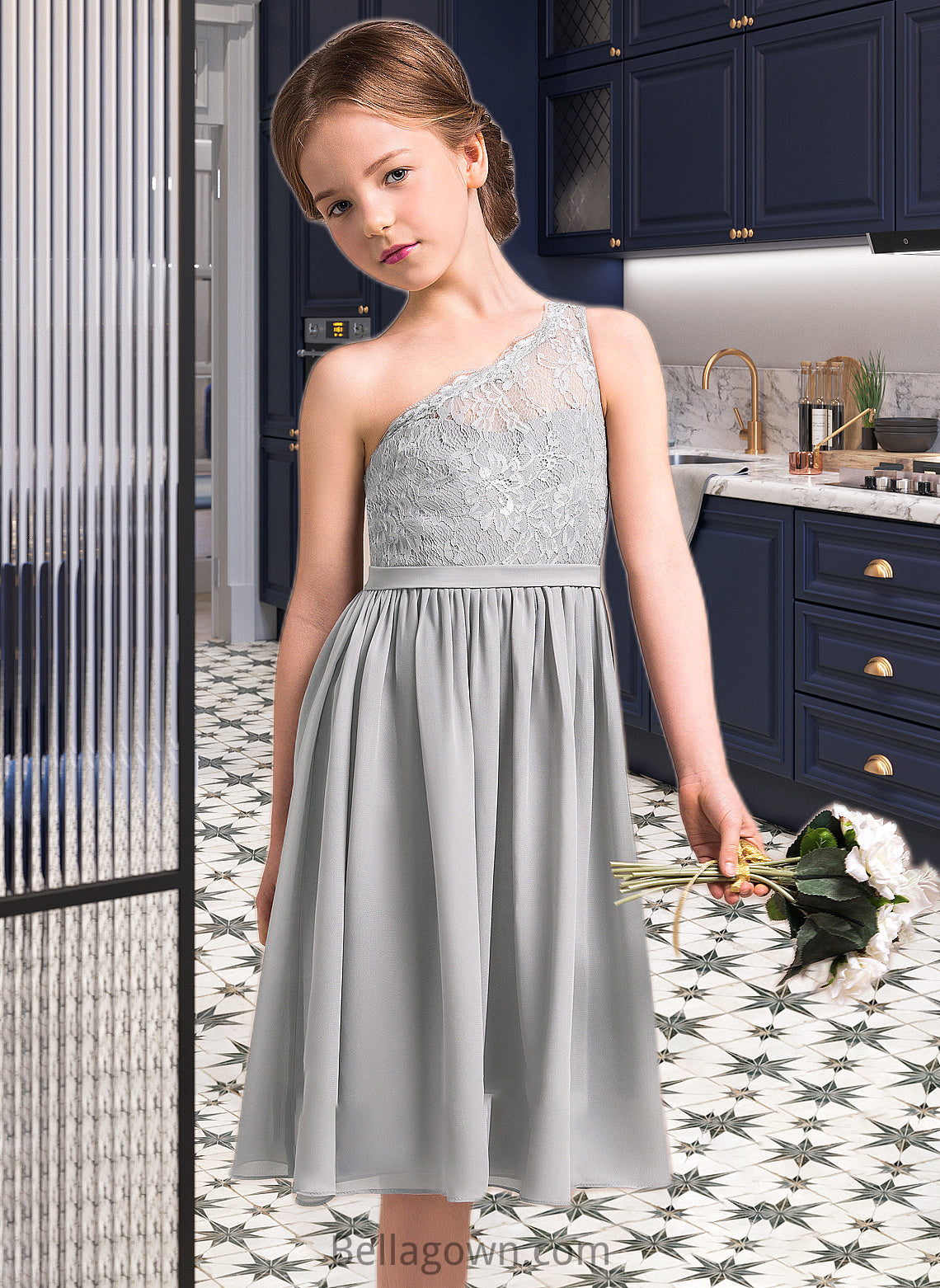 Dayana A-Line One-Shoulder Knee-Length Chiffon Lace Junior Bridesmaid Dress DNP0013571