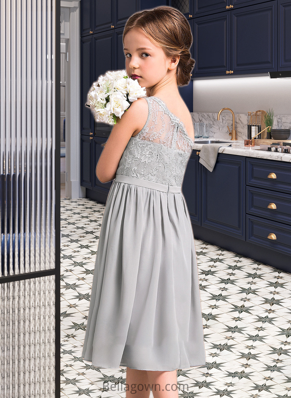 Dayana A-Line One-Shoulder Knee-Length Chiffon Lace Junior Bridesmaid Dress DNP0013571