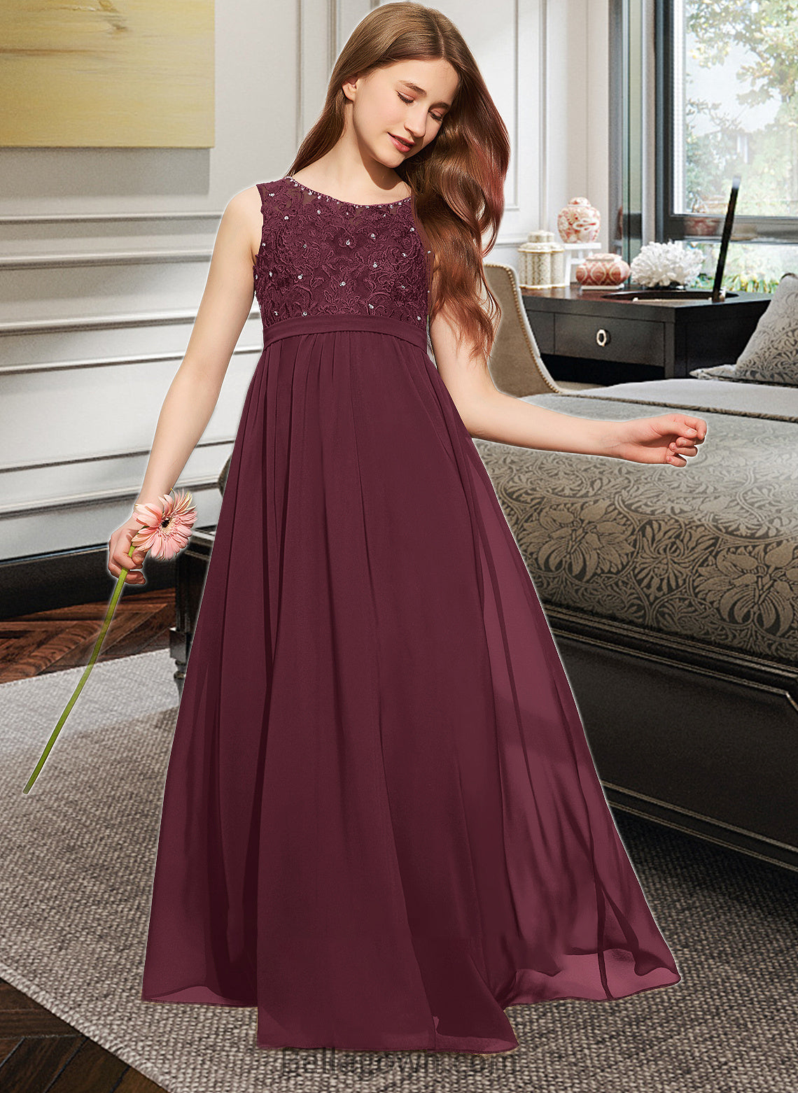 Dylan A-Line Scoop Neck Floor-Length Chiffon Lace Junior Bridesmaid Dress With Beading Sequins DNP0013572