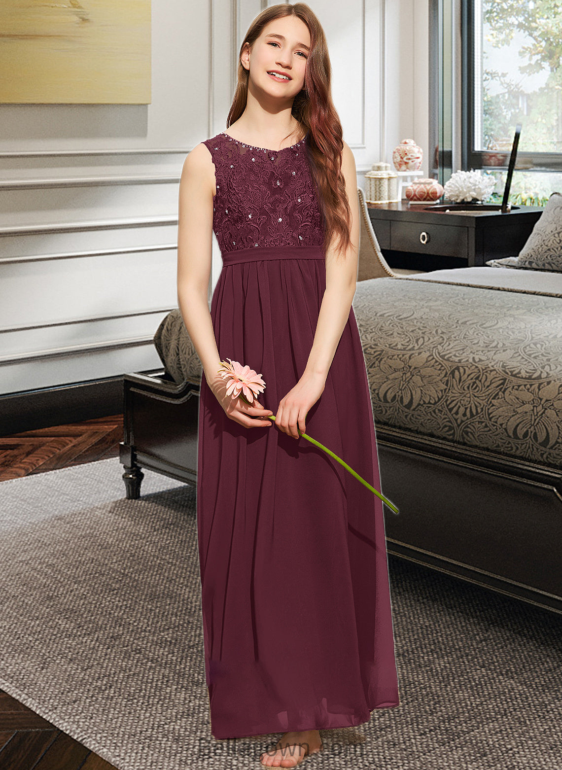 Dylan A-Line Scoop Neck Floor-Length Chiffon Lace Junior Bridesmaid Dress With Beading Sequins DNP0013572