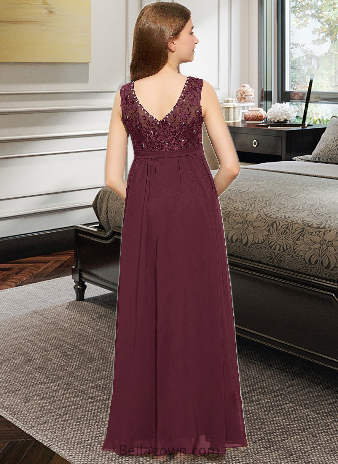 Dylan A-Line Scoop Neck Floor-Length Chiffon Lace Junior Bridesmaid Dress With Beading Sequins DNP0013572