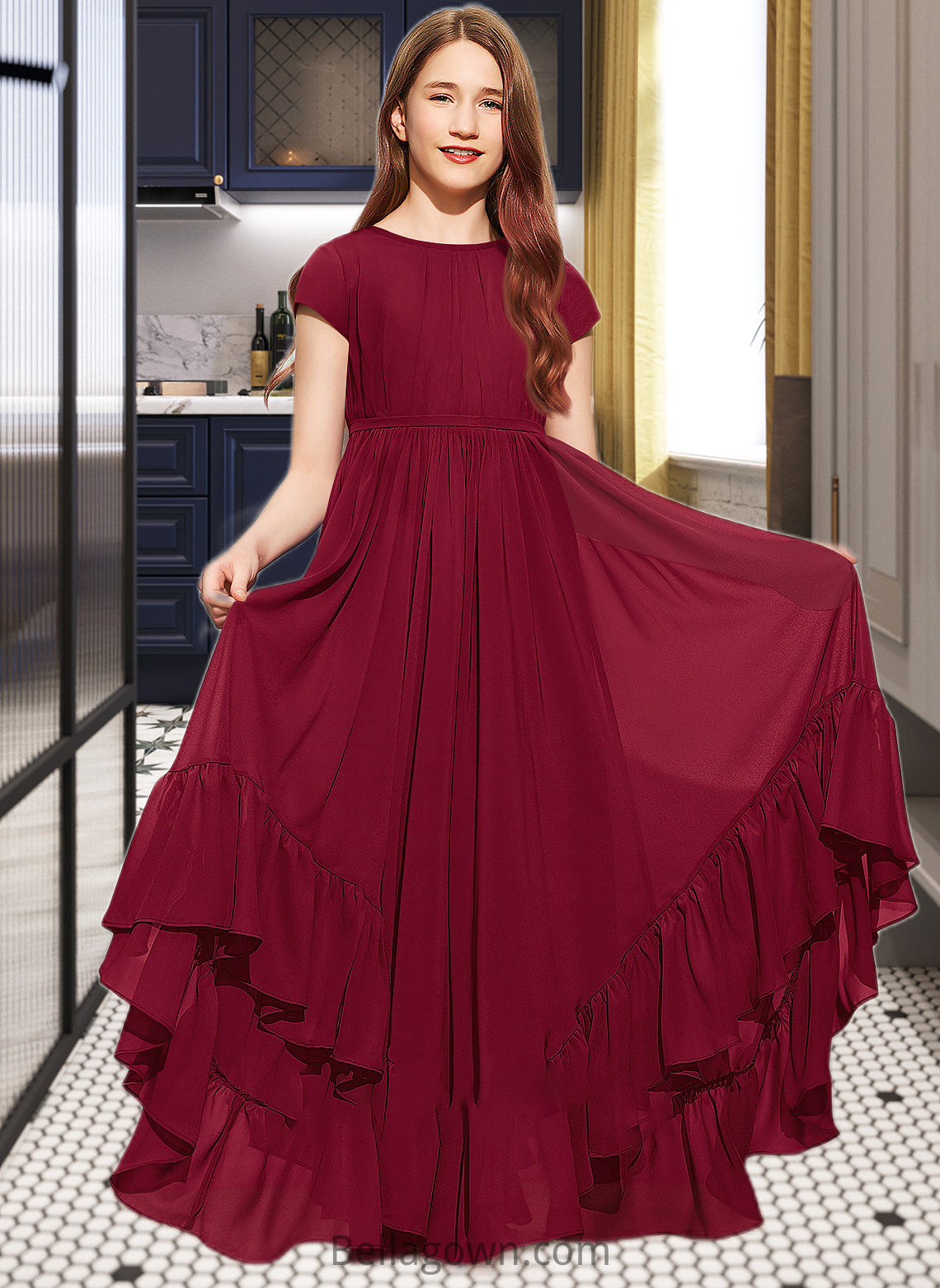 Alivia A-Line Scoop Neck Floor-Length Chiffon Junior Bridesmaid Dress With Appliques Lace Bow(s) Cascading Ruffles DNP0013573