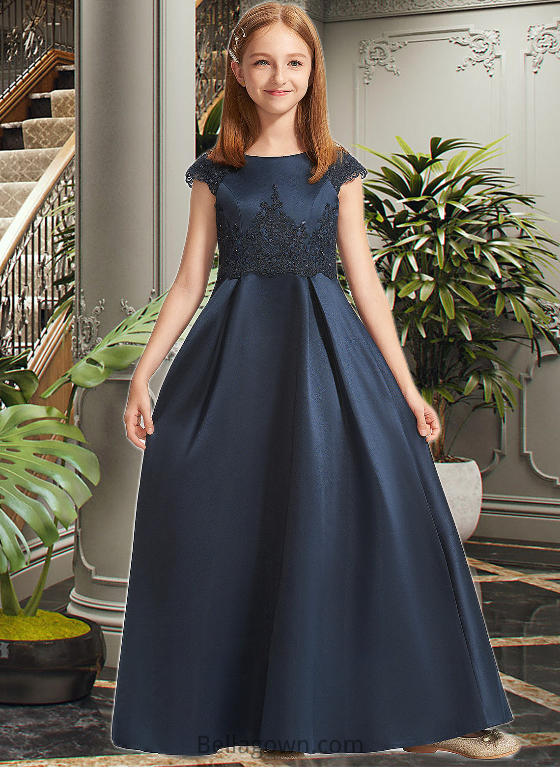 Reina A-Line Scoop Neck Floor-Length Satin Lace Junior Bridesmaid Dress With Beading Sequins Bow(s) DNP0013574