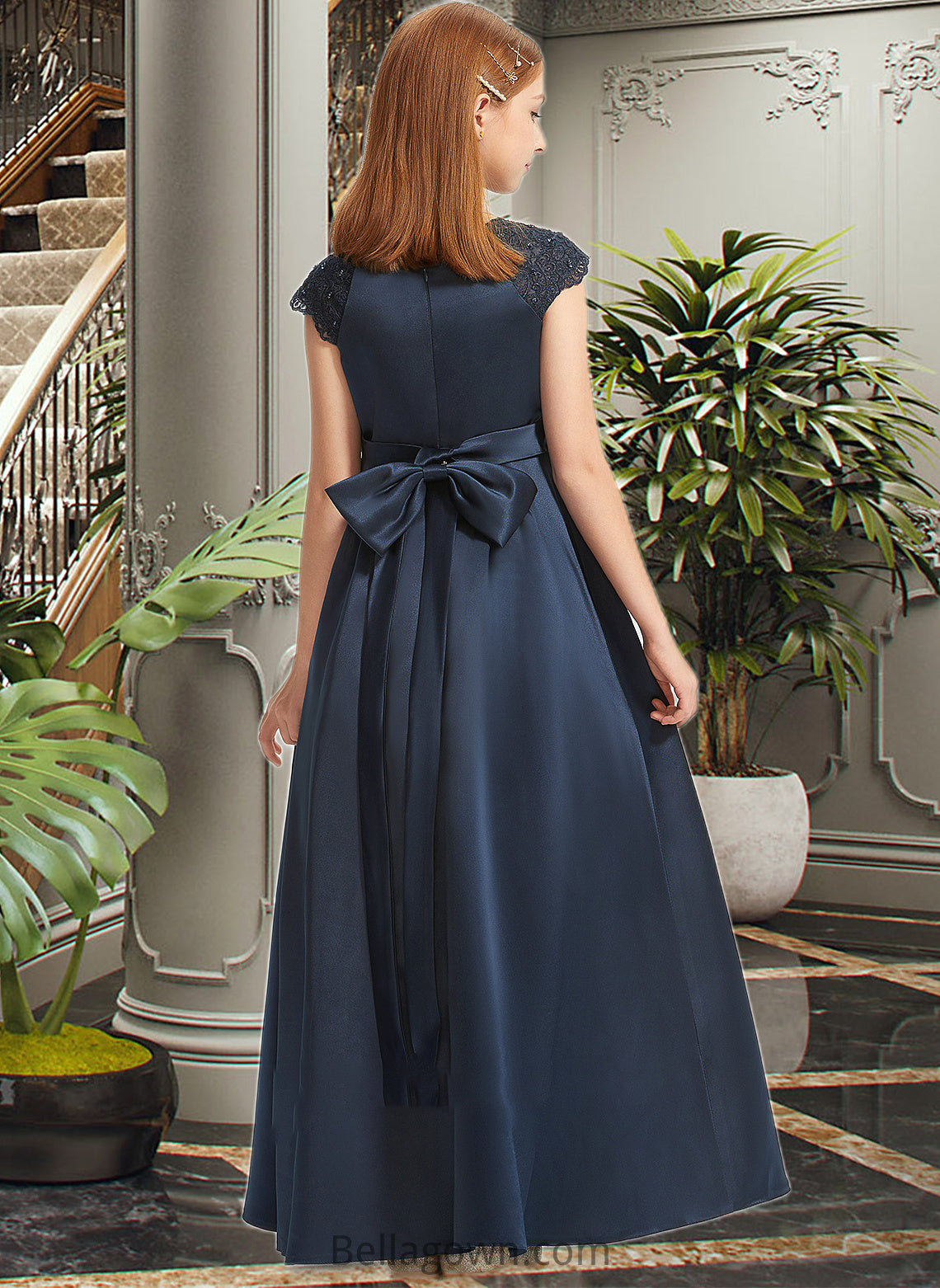 Reina A-Line Scoop Neck Floor-Length Satin Lace Junior Bridesmaid Dress With Beading Sequins Bow(s) DNP0013574