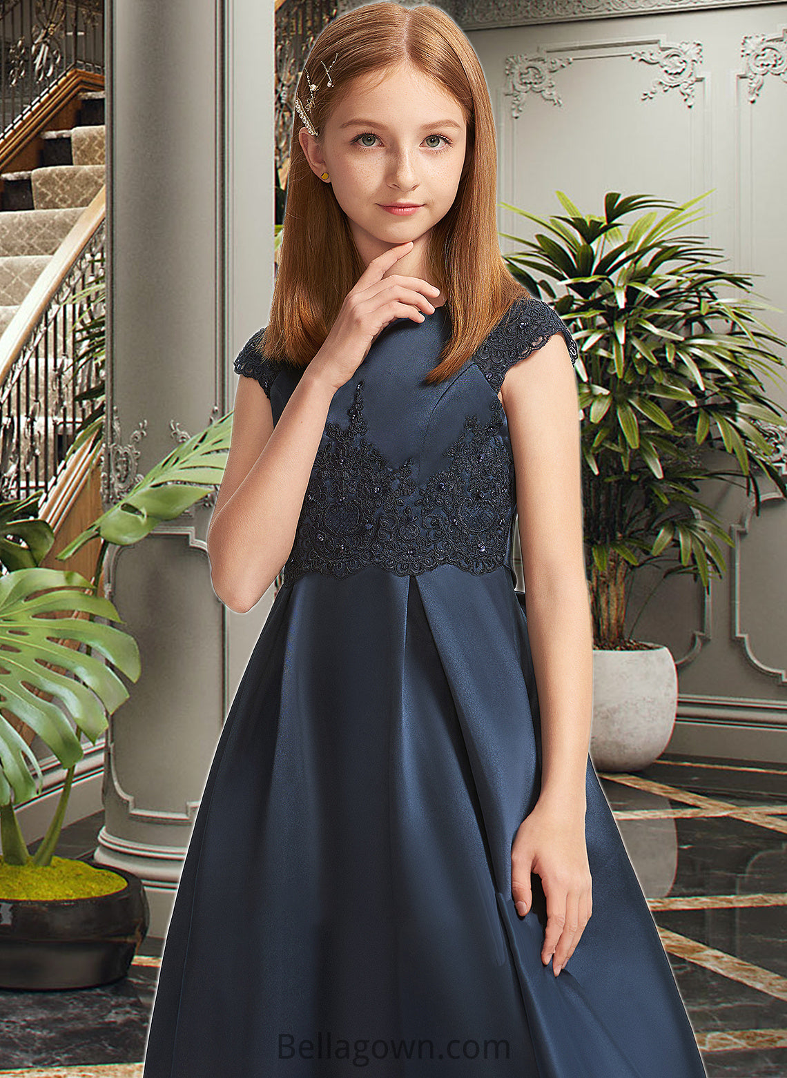 Reina A-Line Scoop Neck Floor-Length Satin Lace Junior Bridesmaid Dress With Beading Sequins Bow(s) DNP0013574